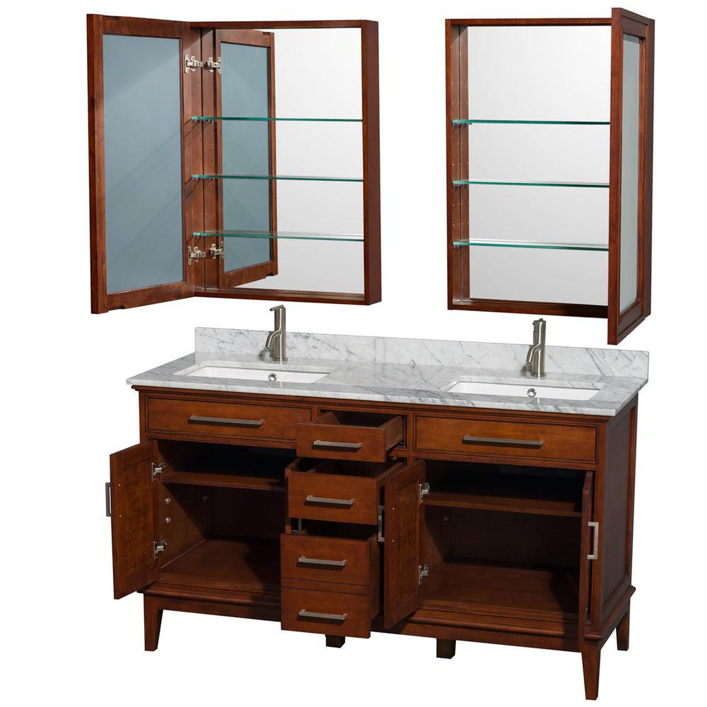 Wyndham Collection Hatton 60" Double Bathroom Vanity in Light Chestnut, White Carrara Marble Countertop, Undermount Square Sinks, 24" Medicine Cabinet