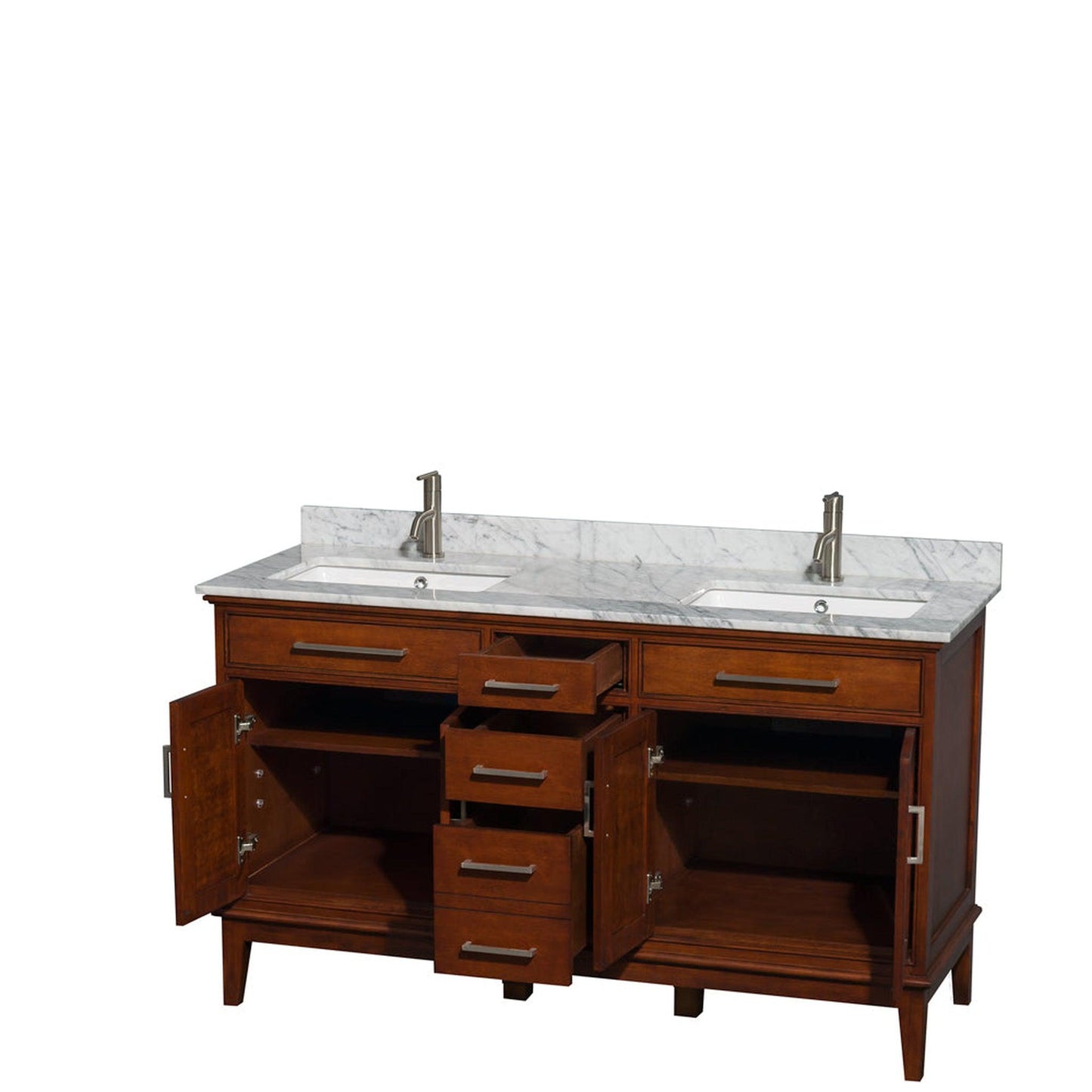 Wyndham Collection Hatton 60" Double Bathroom Vanity in Light Chestnut, White Carrara Marble Countertop, Undermount Square Sinks, and No Mirror