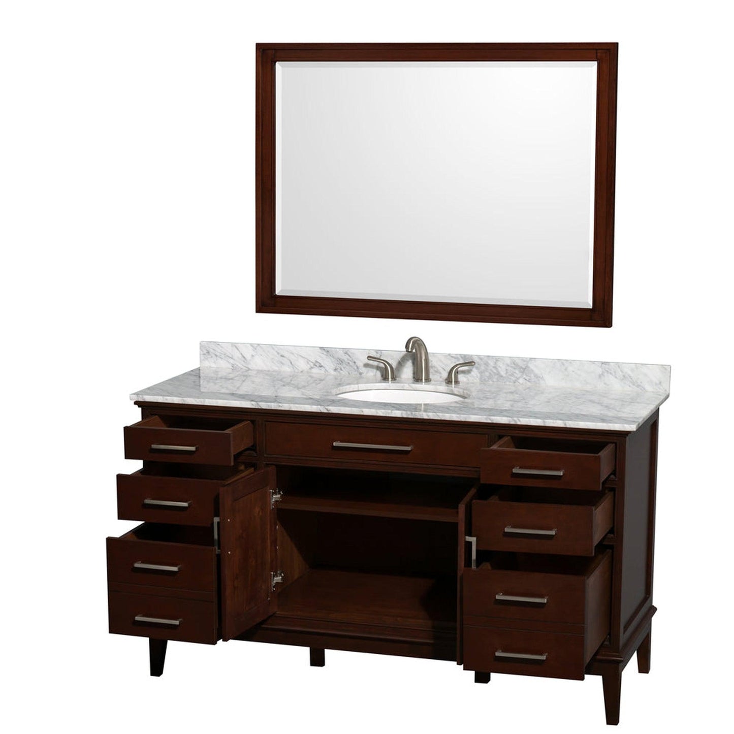Wyndham Collection Hatton 60" Single Bathroom Vanity in Dark Chestnut, White Carrara Marble Countertop, Undermount Oval Sink, and 44" Mirror