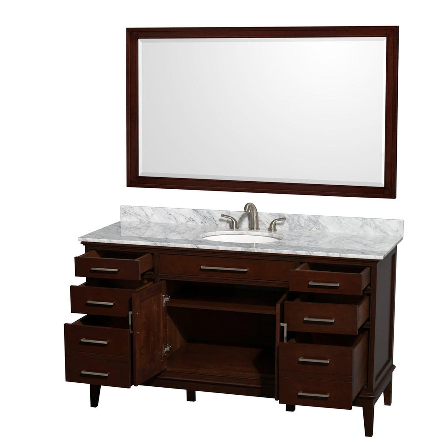 Wyndham Collection Hatton 60" Single Bathroom Vanity in Dark Chestnut, White Carrara Marble Countertop, Undermount Oval Sink, and 56" Mirror