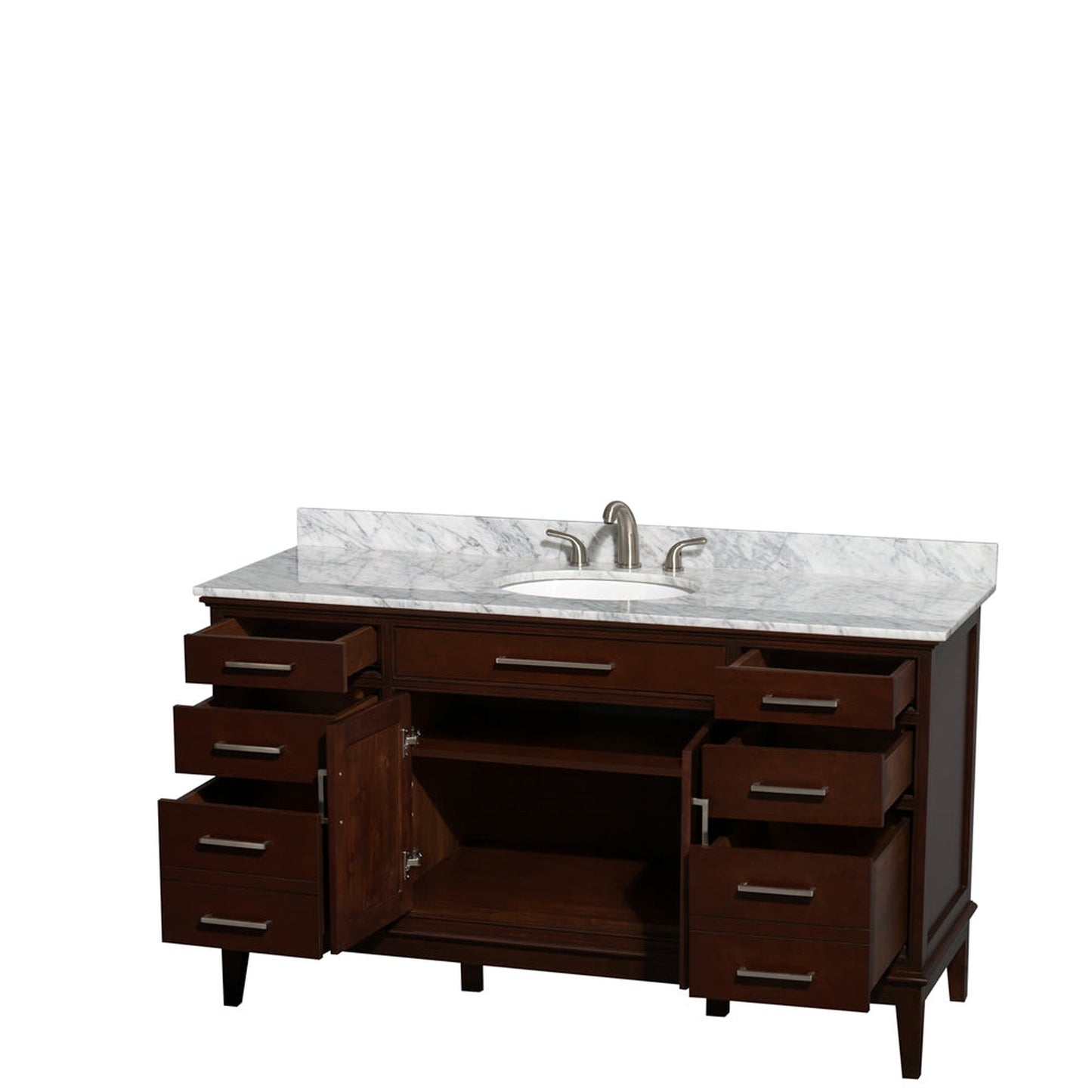 Wyndham Collection Hatton 60" Single Bathroom Vanity in Dark Chestnut, White Carrara Marble Countertop, Undermount Oval Sink, and No Mirror