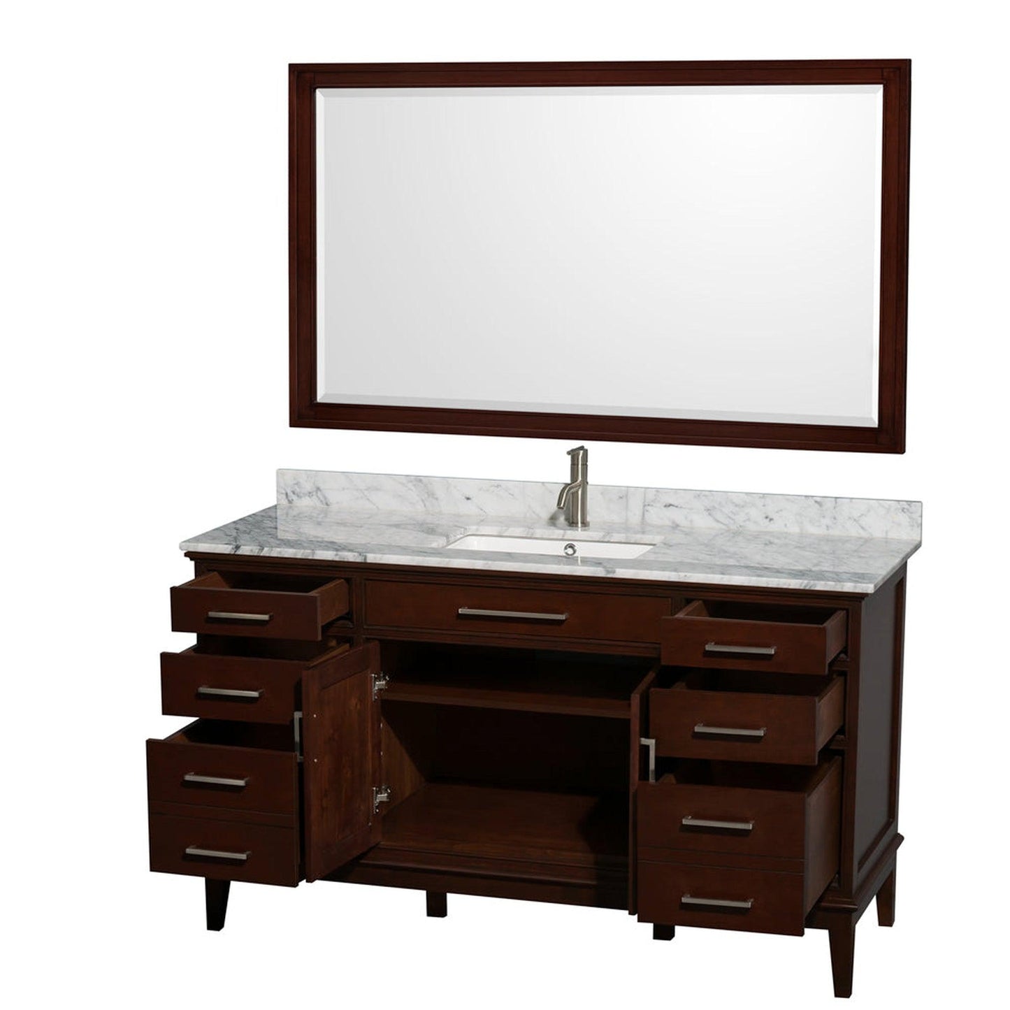 Wyndham Collection Hatton 60" Single Bathroom Vanity in Dark Chestnut, White Carrara Marble Countertop, Undermount Square Sink, and 56" Mirror