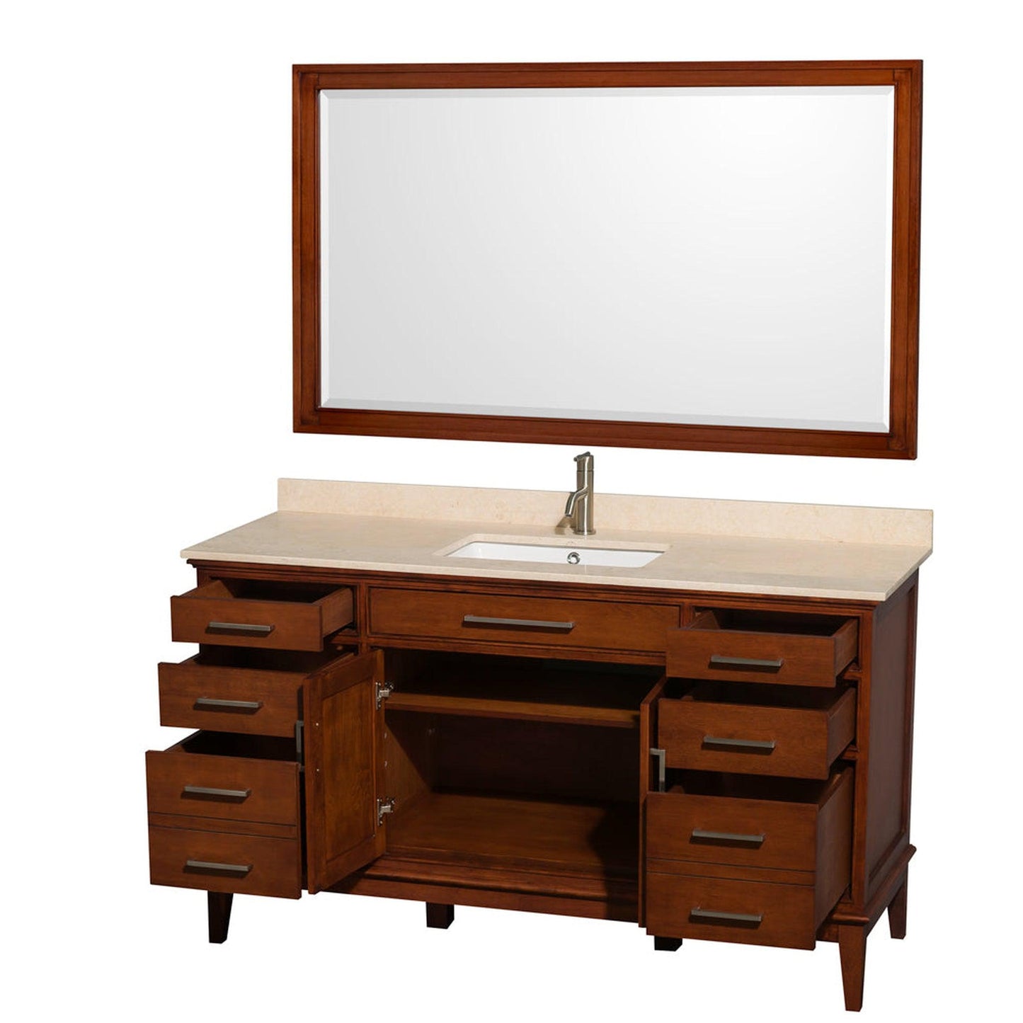 Wyndham Collection Hatton 60" Single Bathroom Vanity in Light Chestnut, Ivory Marble Countertop, Undermount Square Sink, and 56" Mirror