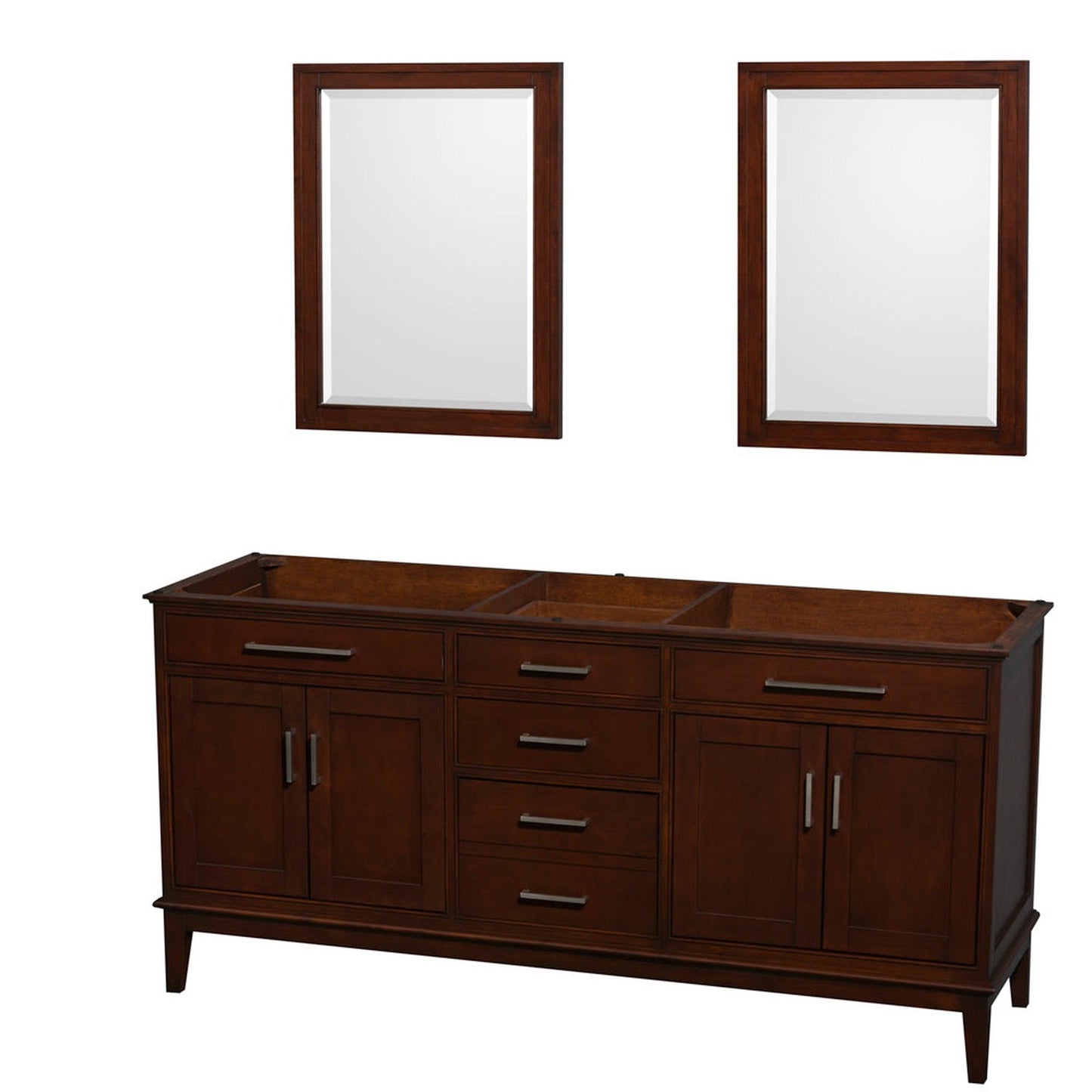 Wyndham Collection Hatton 72" Double Bathroom Vanity in Dark Chestnut, No Countertop, No Sinks, and 24" Mirror