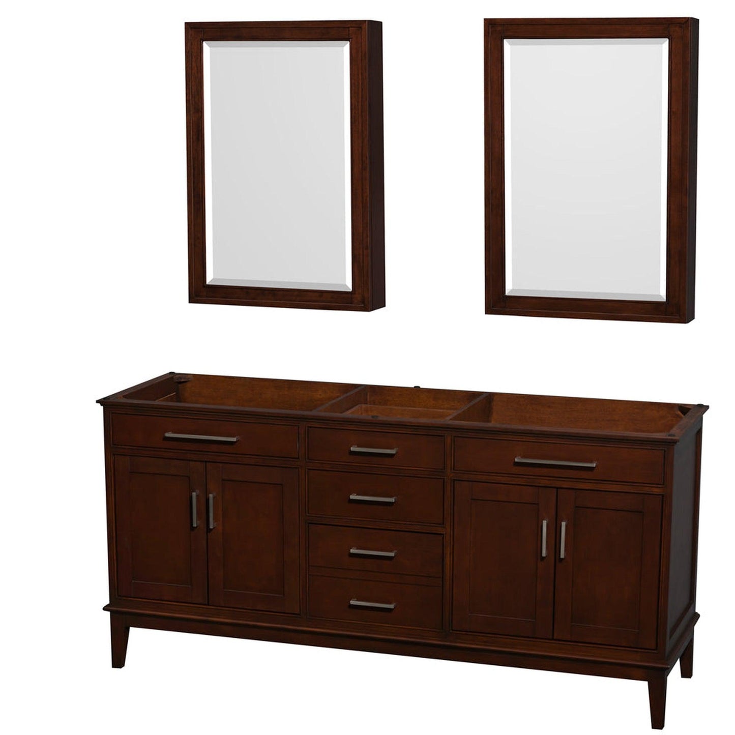Wyndham Collection Hatton 72" Double Bathroom Vanity in Dark Chestnut, No Countertop, No Sinks, and Medicine Cabinet