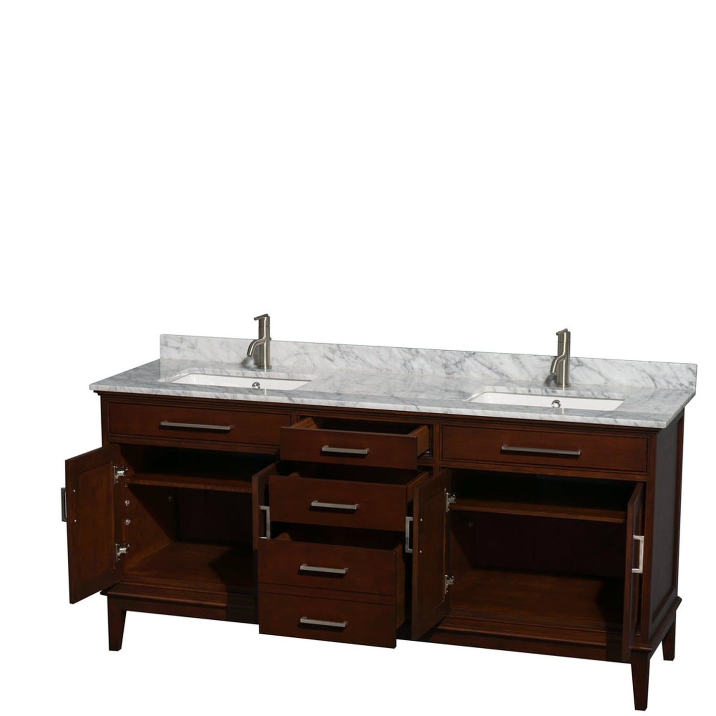 Wyndham Collection Hatton 72" Double Bathroom Vanity in Dark Chestnut, White Carrara Marble Countertop, Undermount Square Sinks, and No Mirror