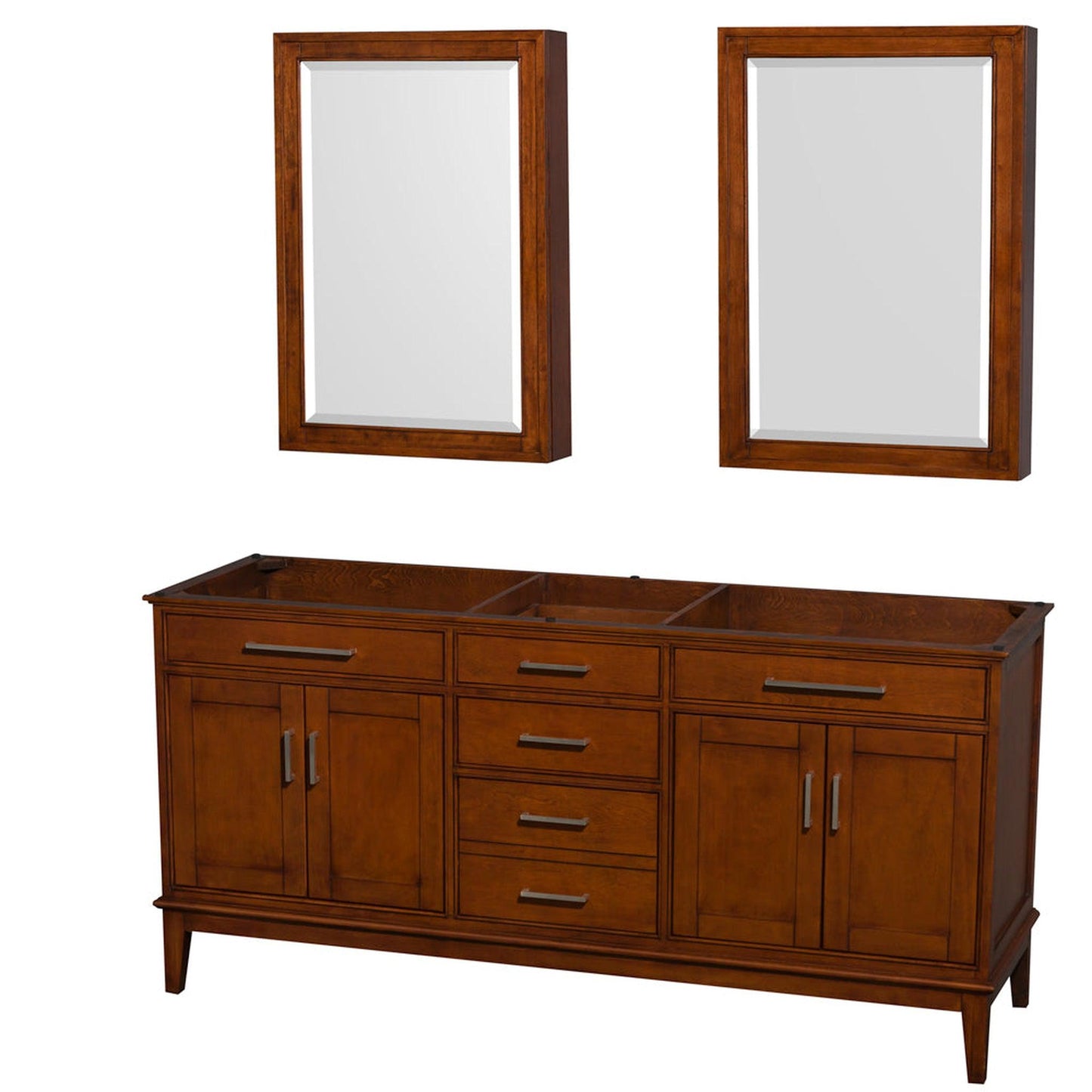 Wyndham Collection Hatton 72" Double Bathroom Vanity in Light Chestnut, No Countertop, No Sinks, and Medicine Cabinet