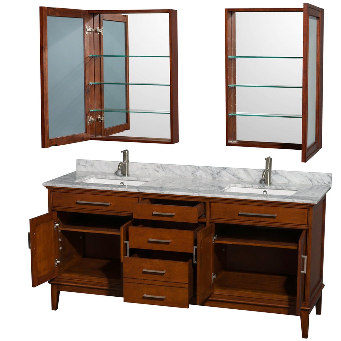 Wyndham Collection Hatton 72" Double Bathroom Vanity in Light Chestnut, White Carrara Marble Countertop, Undermount Square Sinks, and Medicine Cabinet