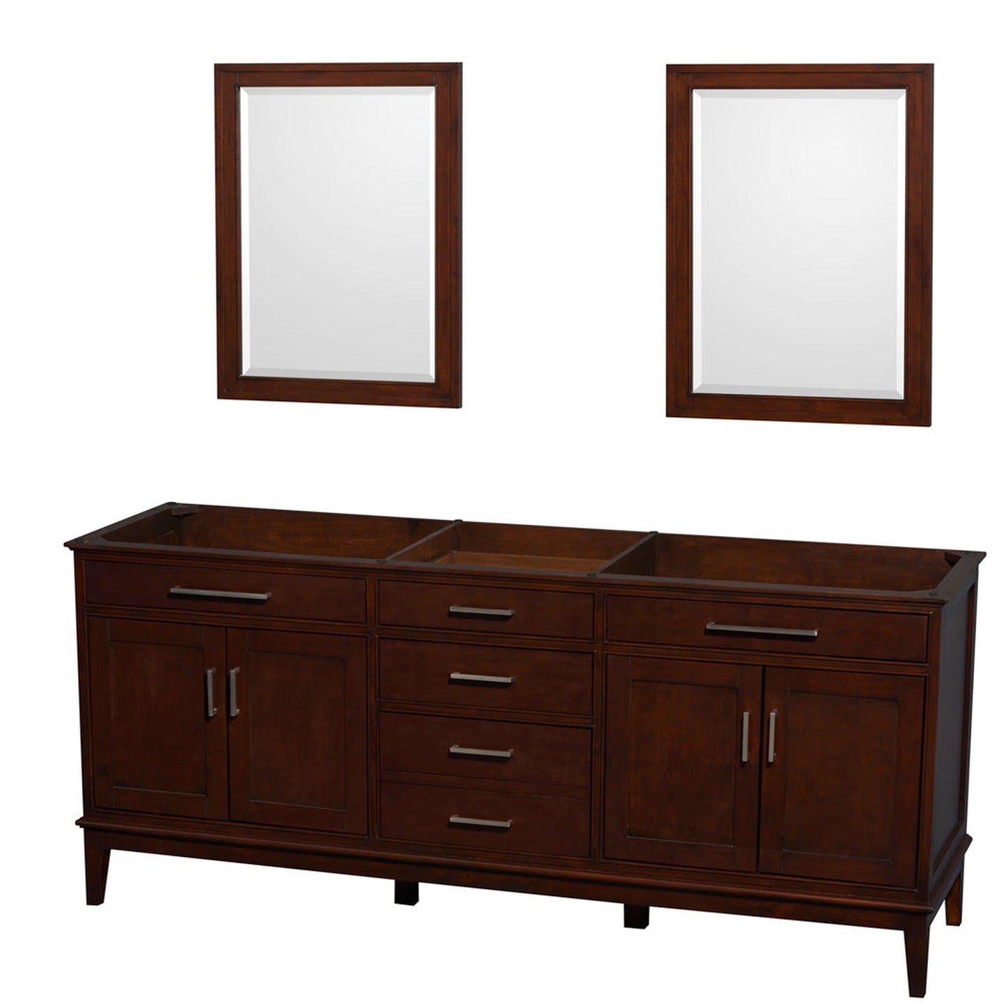 Wyndham Collection Hatton 80" Double Bathroom Vanity in Dark Chestnut, No Countertop, No Sinks, and 24" Mirror