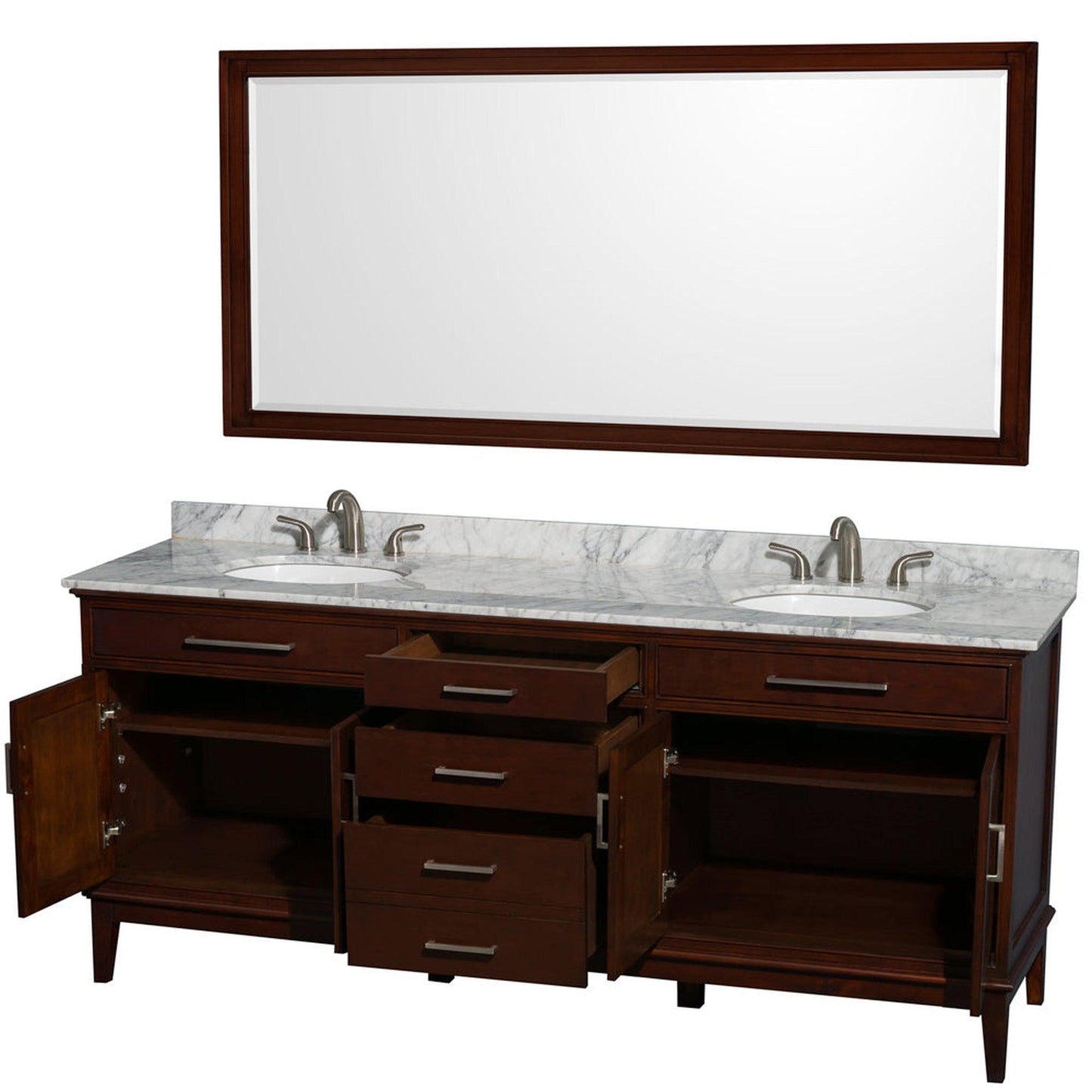Wyndham Collection Hatton 80" Double Bathroom Vanity in Dark Chestnut, White Carrara Marble Countertop, Undermount Oval Sinks, and 70" Mirror