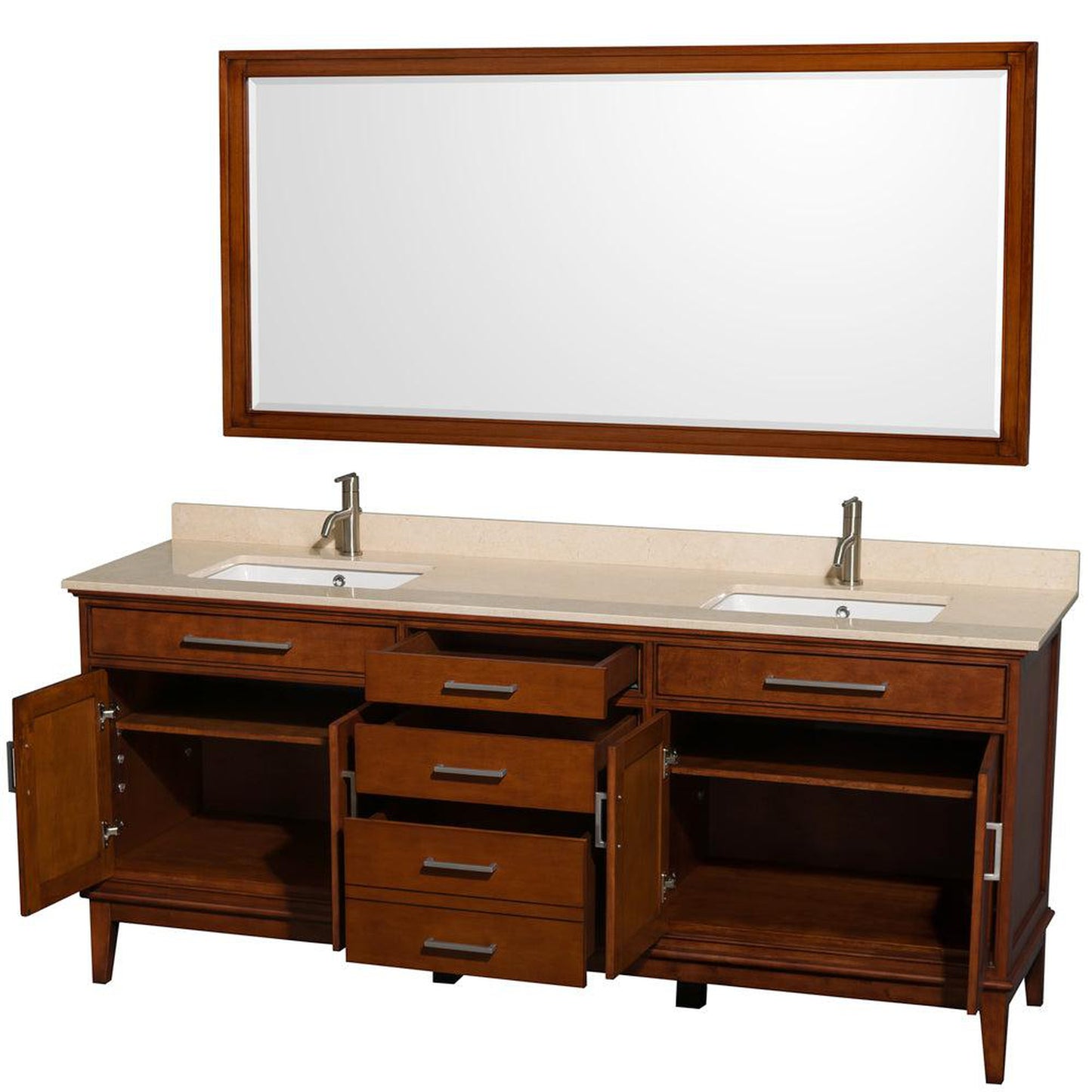 Wyndham Collection Hatton 80" Double Bathroom Vanity in Light Chestnut, Ivory Marble Countertop, Undermount Square Sinks, and 70" Mirror
