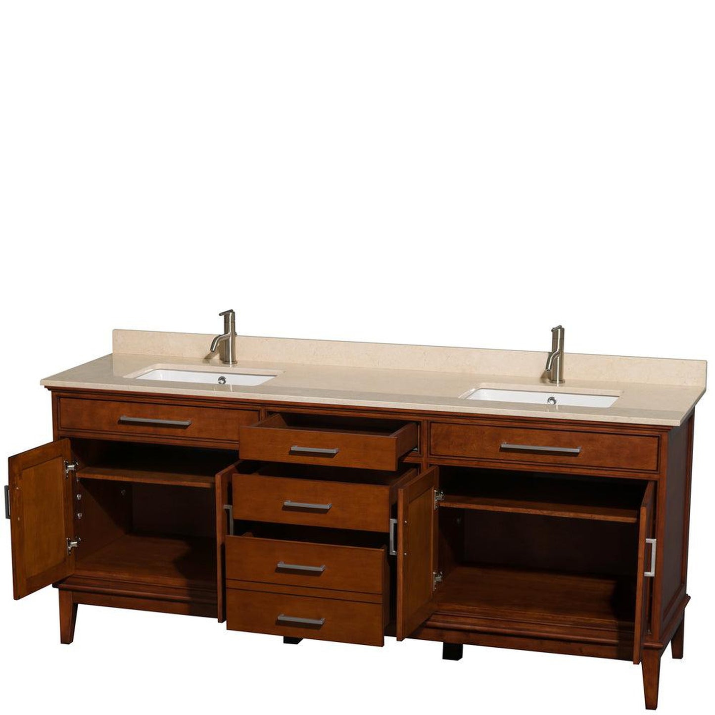 Wyndham Collection Hatton 80" Double Bathroom Vanity in Light Chestnut, Ivory Marble Countertop, Undermount Square Sinks, and No Mirror