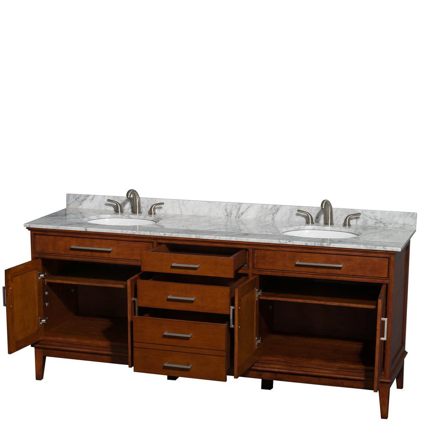 Wyndham Collection Hatton 80" Double Bathroom Vanity in Light Chestnut, White Carrara Marble Countertop, Undermount Oval Sinks, and No Mirror