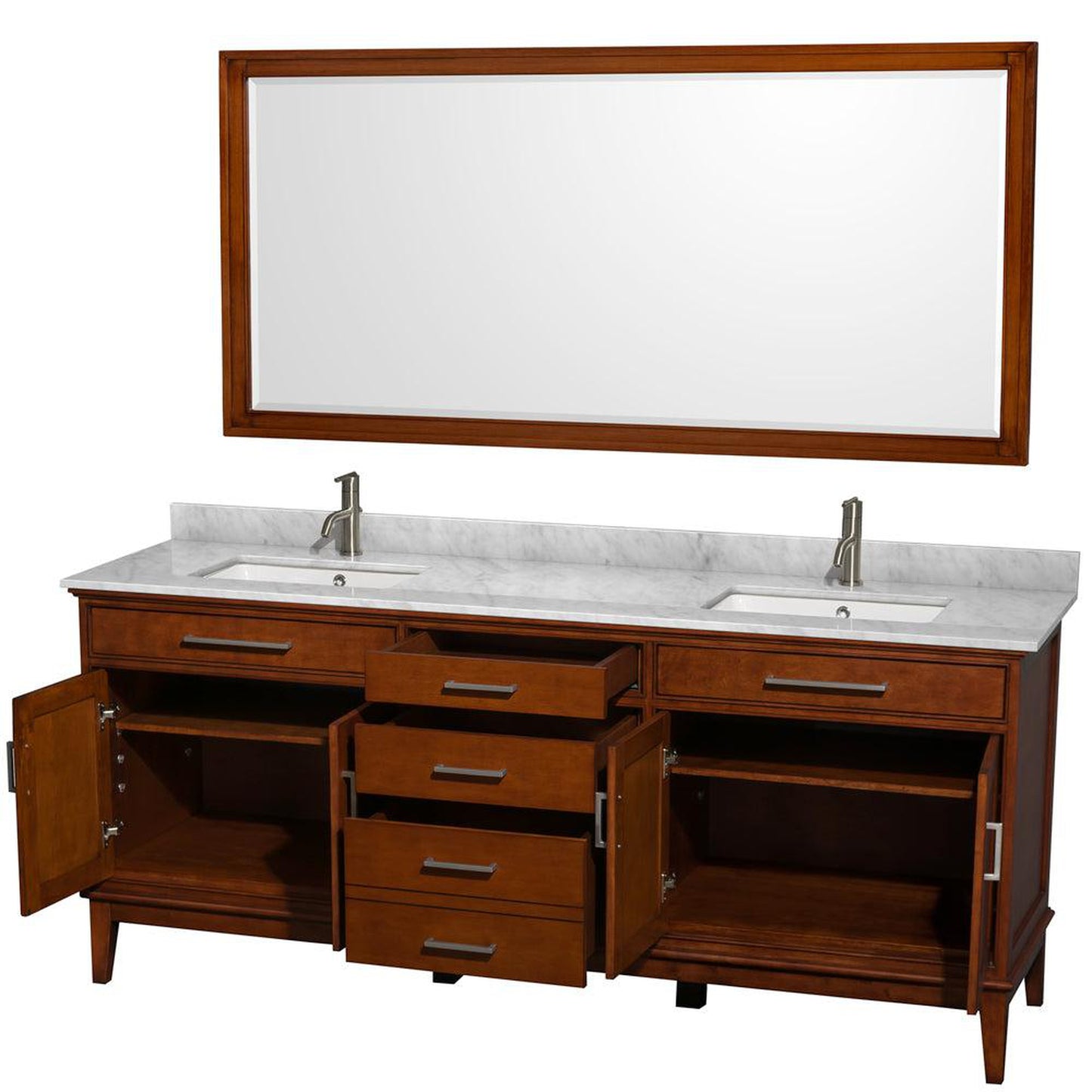 Wyndham Collection Hatton 80" Double Bathroom Vanity in Light Chestnut, White Carrara Marble Countertop, Undermount Square Sinks, and 70" Mirror