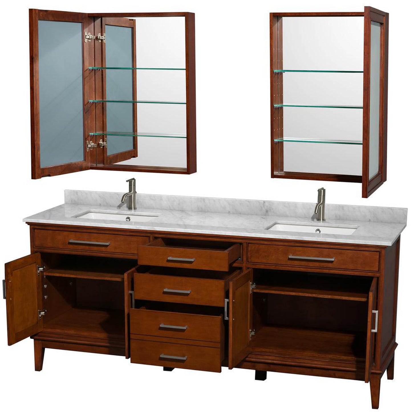 Wyndham Collection Hatton 80" Double Bathroom Vanity in Light Chestnut, White Carrara Marble Countertop, Undermount Square Sinks, and Medicine Cabinet