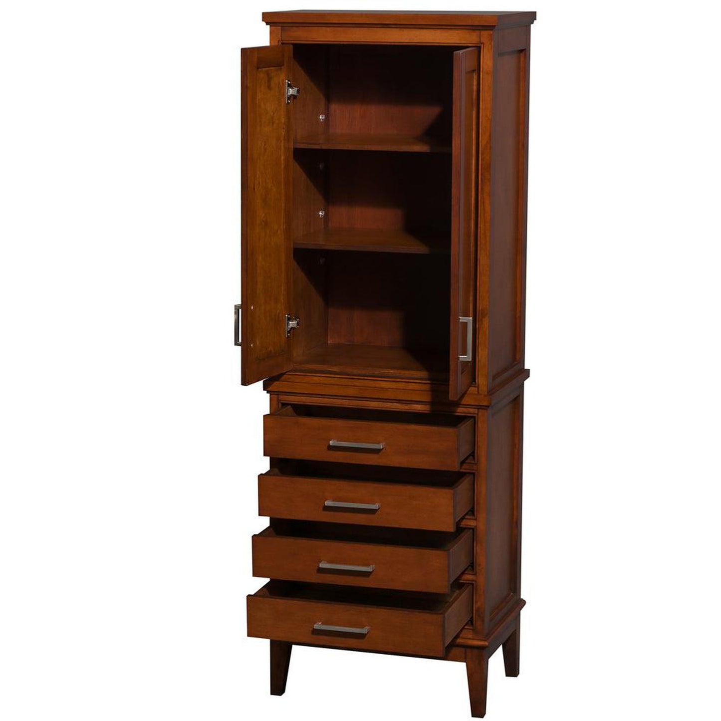 Wyndham Collection Hatton Bathroom Linen Tower in Light Chestnut With Shelved Cabinet Storage and 4 Drawers