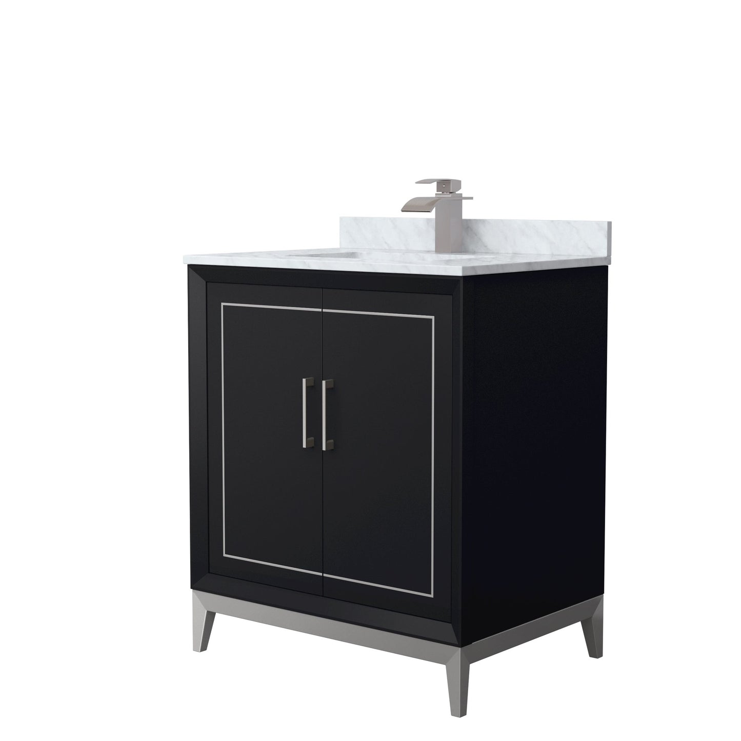 Wyndham Collection Marlena 30" Single Bathroom Vanity in Black, White Carrara Marble Countertop, Undermount Square Sink, Brushed Nickel Trim