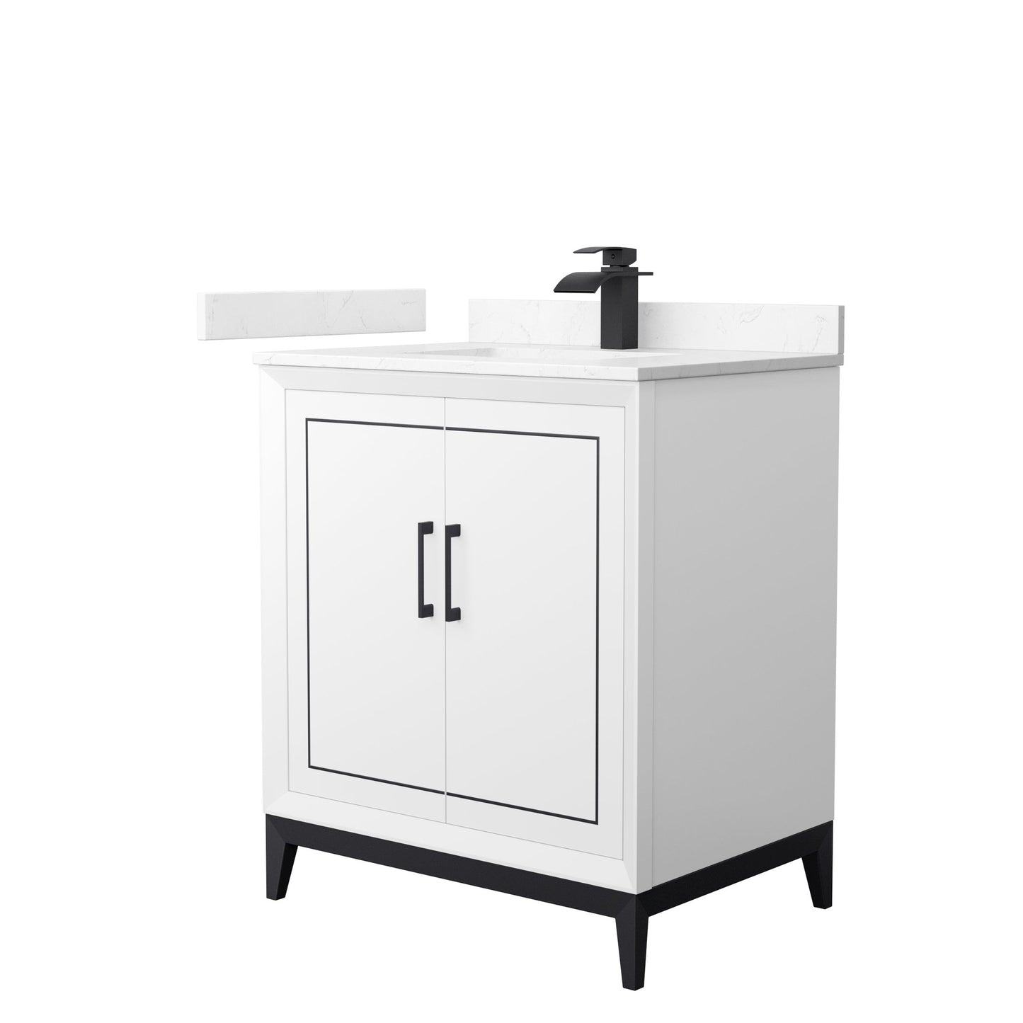 Wyndham Collection Marlena 30" Single Bathroom Vanity in White, Carrara Cultured Marble Countertop, Undermount Square Sink, Matte Black Trim