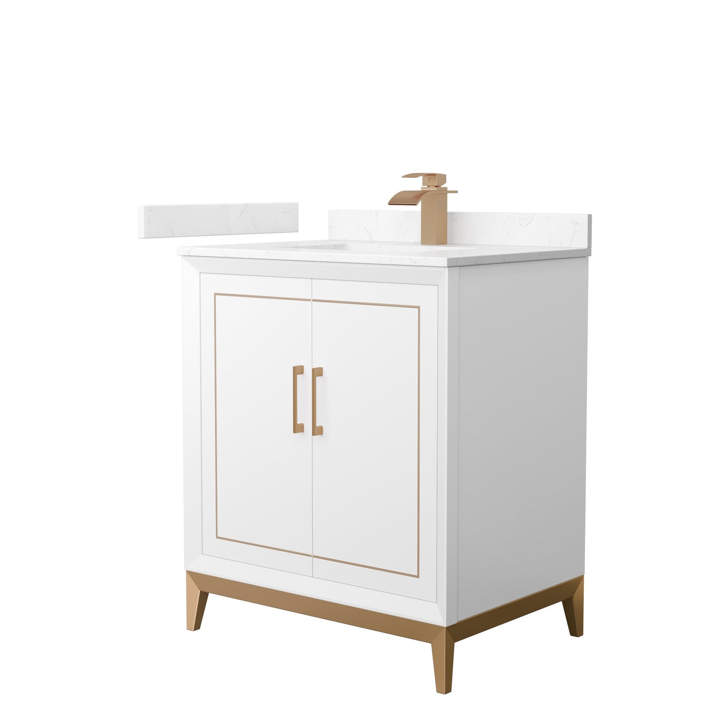 Wyndham Collection Marlena 30" Single Bathroom Vanity in White, Carrara Cultured Marble Countertop, Undermount Square Sink, Satin Bronze Trim