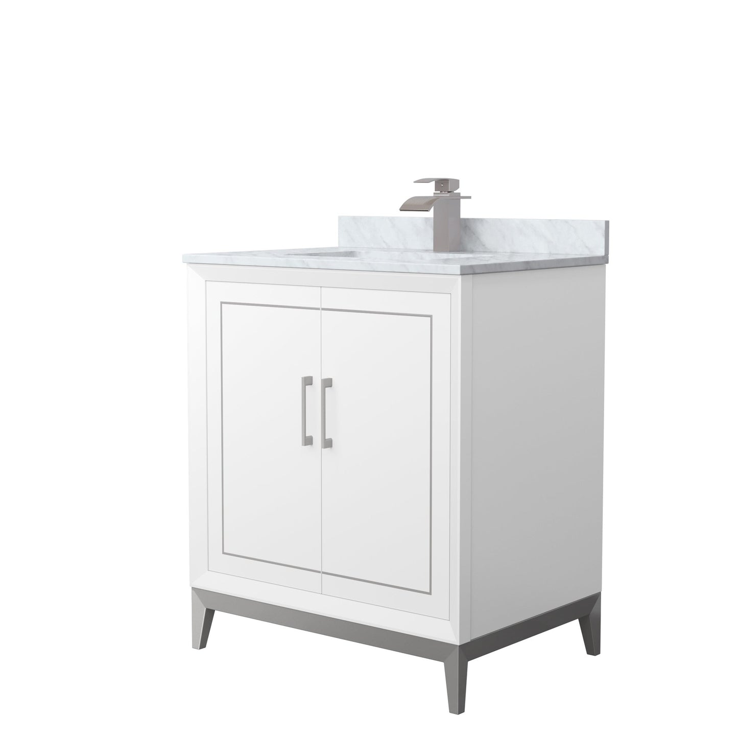 Wyndham Collection Marlena 30" Single Bathroom Vanity in White, White Carrara Marble Countertop, Undermount Square Sink, Brushed Nickel Trim