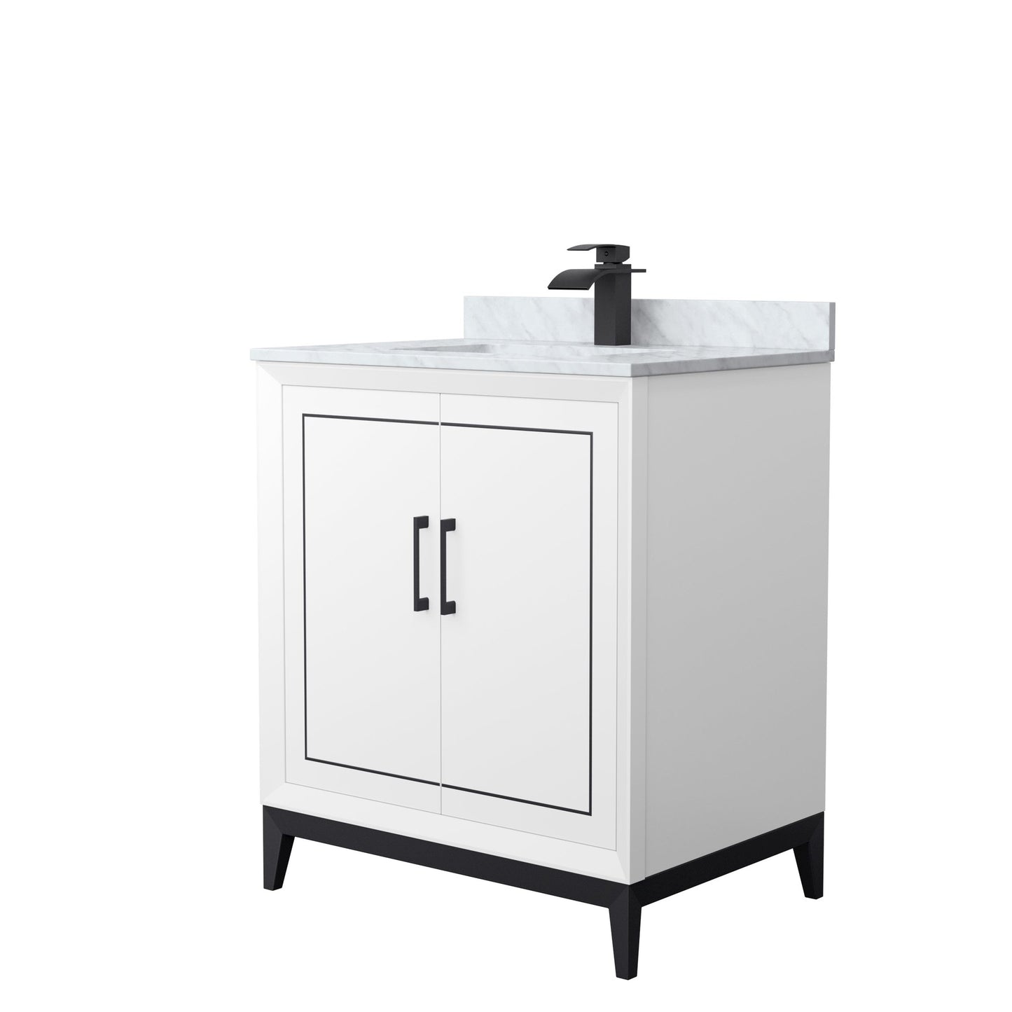 Wyndham Collection Marlena 30" Single Bathroom Vanity in White, White Carrara Marble Countertop, Undermount Square Sink, Matte Black Trim