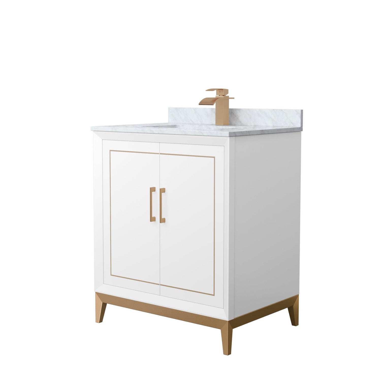 Wyndham Collection Marlena 30" Single Bathroom Vanity in White, White Carrara Marble Countertop, Undermount Square Sink, Satin Bronze Trim