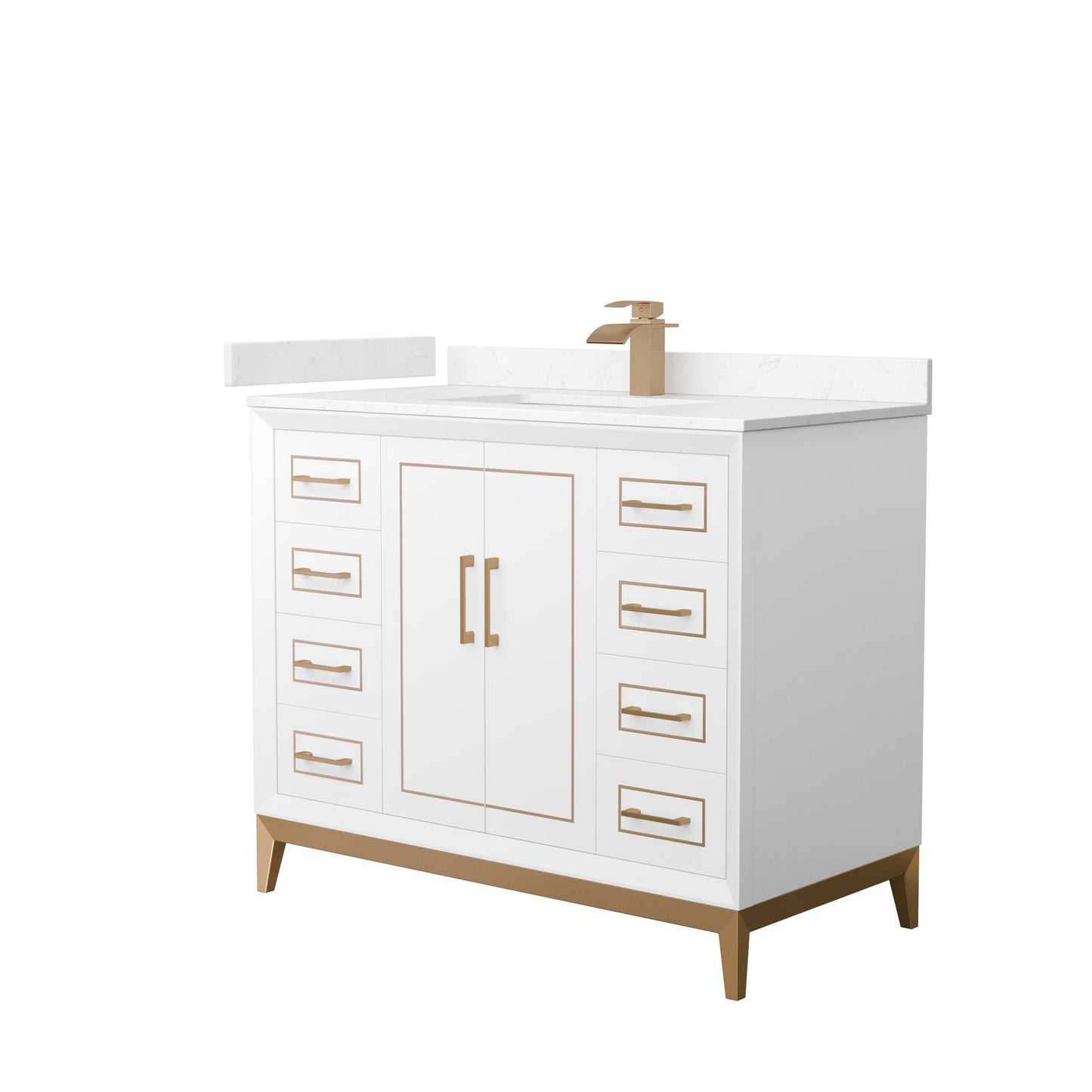 Wyndham Collection Marlena 42" Single Bathroom Vanity in White, Carrara Cultured Marble Countertop, Undermount Square Sink, Satin Bronze Trim