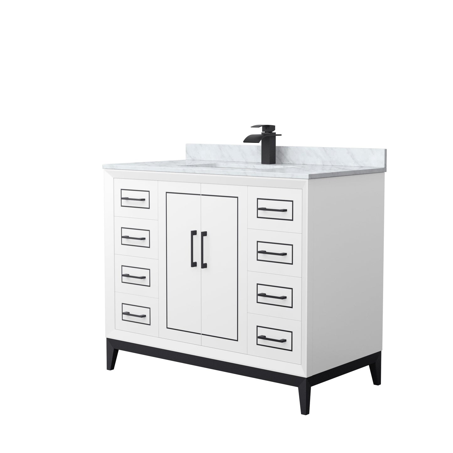 Wyndham Collection Marlena 42" Single Bathroom Vanity in White, White Carrara Marble Countertop, Undermount Square Sink, Matte Black Trim