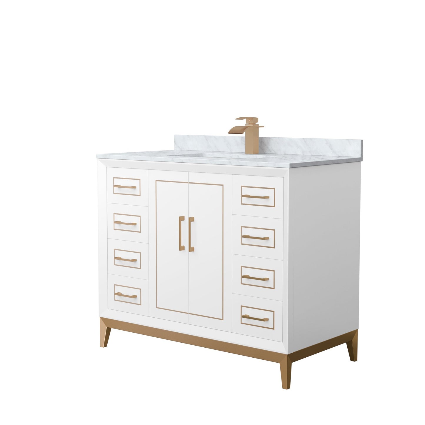 Wyndham Collection Marlena 42" Single Bathroom Vanity in White, White Carrara Marble Countertop, Undermount Square Sink, Satin Bronze Trim