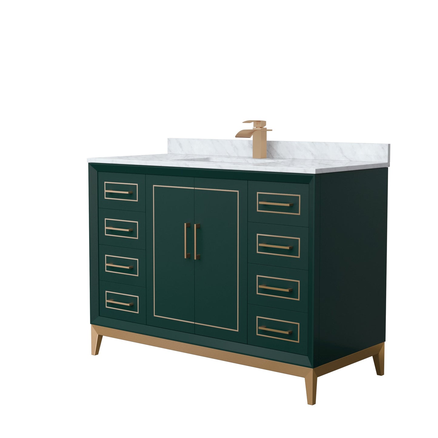 Wyndham Collection Marlena 48" Single Bathroom Vanity in Green, White Carrara Marble Countertop, Undermount Square Sink, Satin Bronze Trim