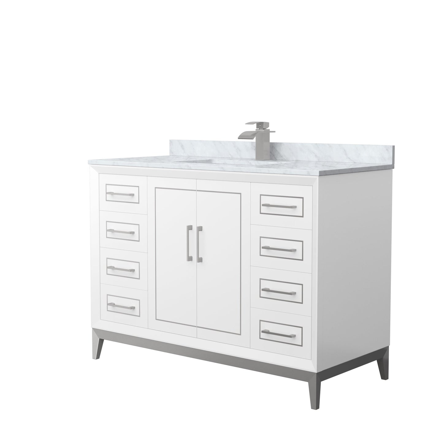 Wyndham Collection Marlena 48" Single Bathroom Vanity in White, White Carrara Marble Countertop, Undermount Square Sink, Brushed Nickel Trim
