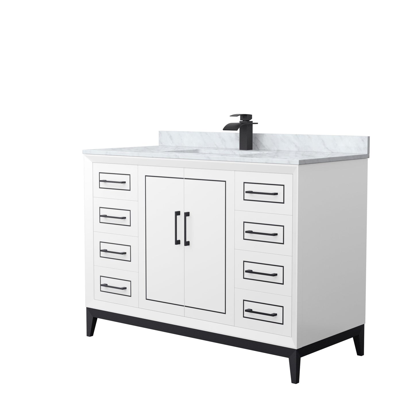 Wyndham Collection Marlena 48" Single Bathroom Vanity in White, White Carrara Marble Countertop, Undermount Square Sink, Matte Black Trim