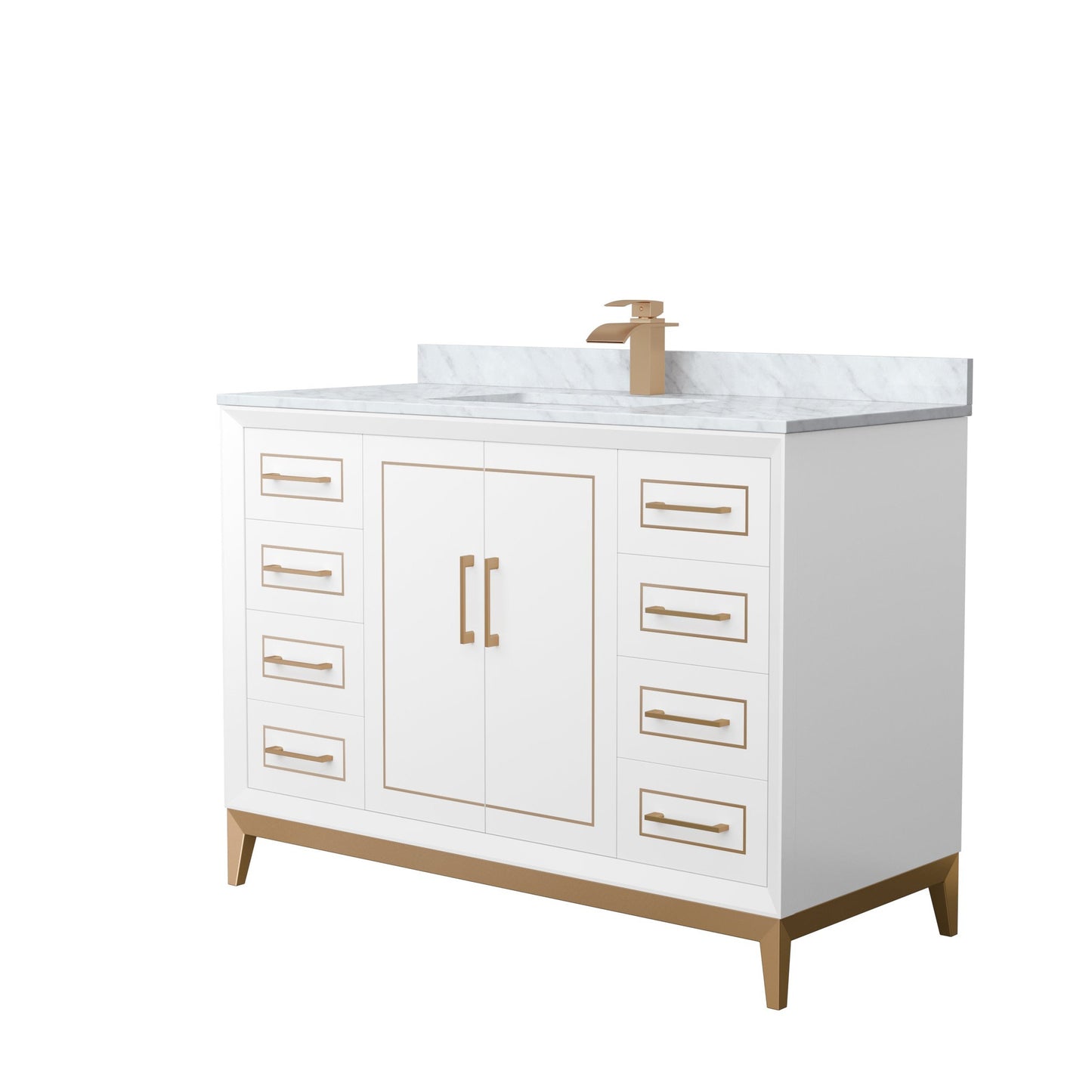 Wyndham Collection Marlena 48" Single Bathroom Vanity in White, White Carrara Marble Countertop, Undermount Square Sink, Satin Bronze Trim