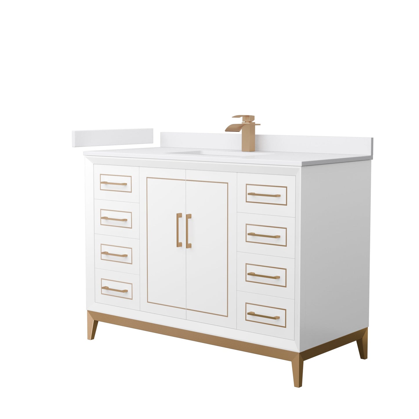 Wyndham Collection Marlena 48" Single Bathroom Vanity in White, White Cultured Marble Countertop, Undermount Square Sink, Satin Bronze Trim