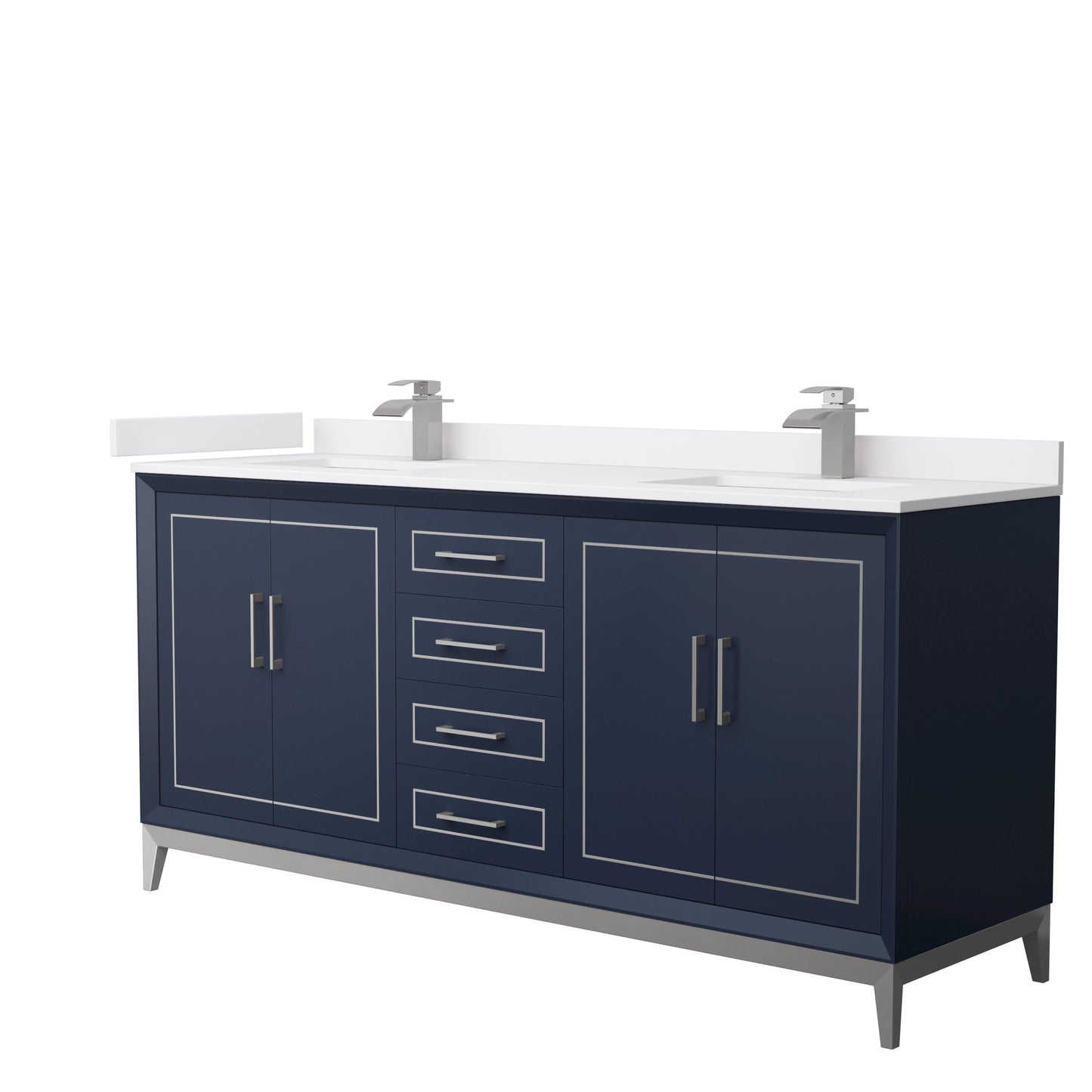 Wyndham Collection Marlena 72" Double Bathroom Vanity in Dark Blue, White Cultured Marble Countertop, Undermount Square Sinks, Brushed Nickel Trim