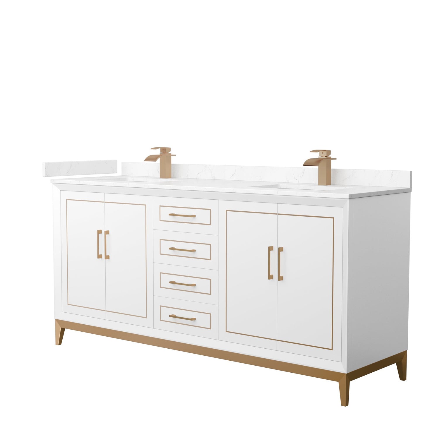 Wyndham Collection Marlena 72" Double Bathroom Vanity in White, Carrara Cultured Marble Countertop, Undermount Square Sinks, Satin Bronze Trim