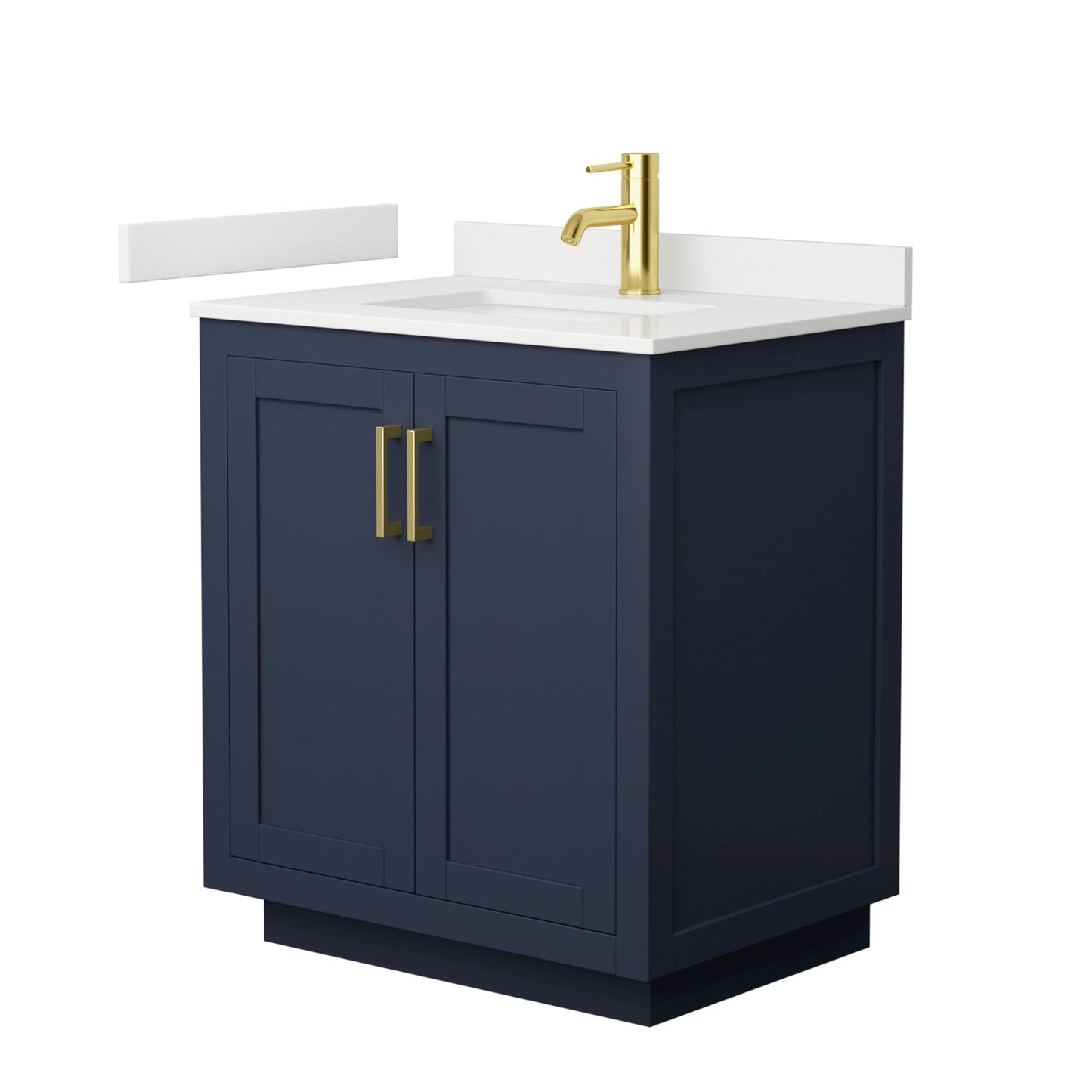 Wyndham Collection Miranda 30" Single Bathroom Vanity in Dark Blue, White Quartz Countertop, Undermount Square Sink (1-Hole), Brushed Gold Trim