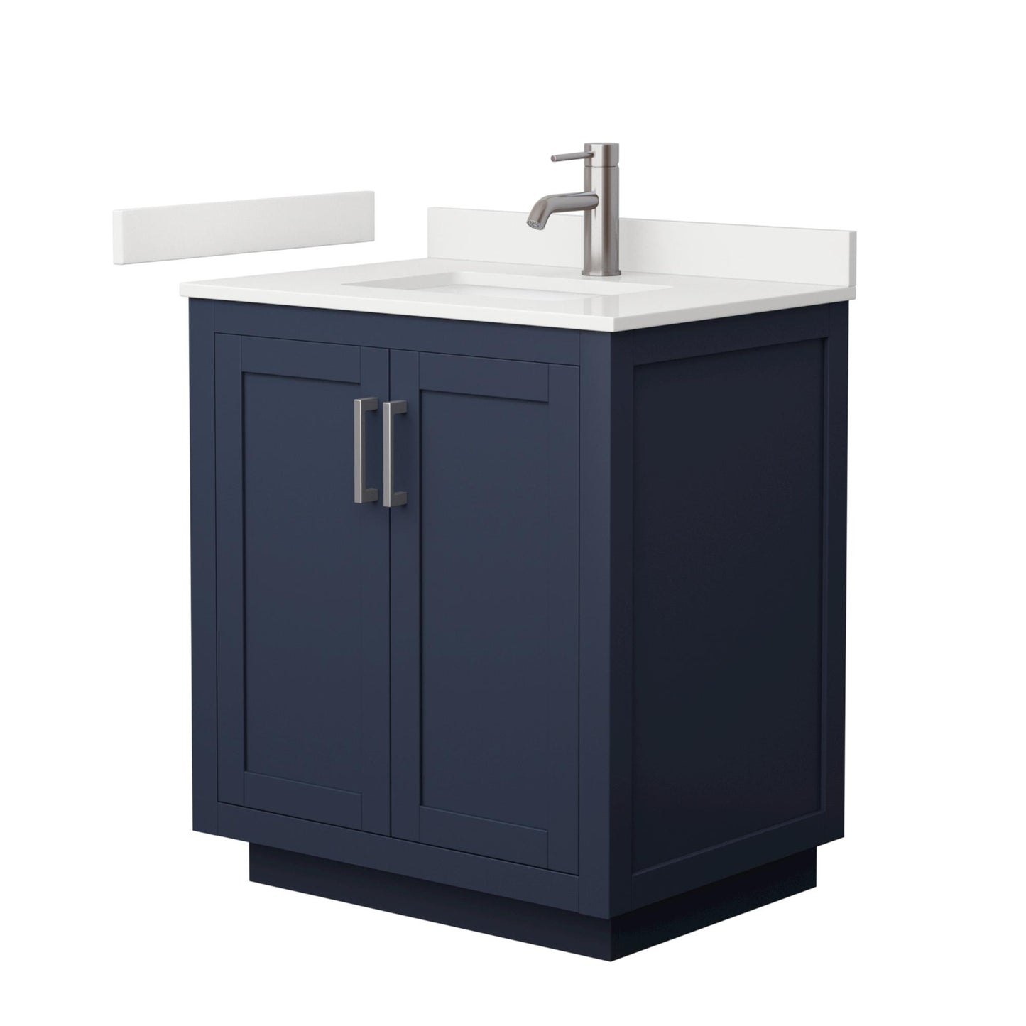 Wyndham Collection Miranda 30" Single Bathroom Vanity in Dark Blue, White Quartz Countertop, Undermount Square Sink (1-Hole), Brushed Nickel Trim