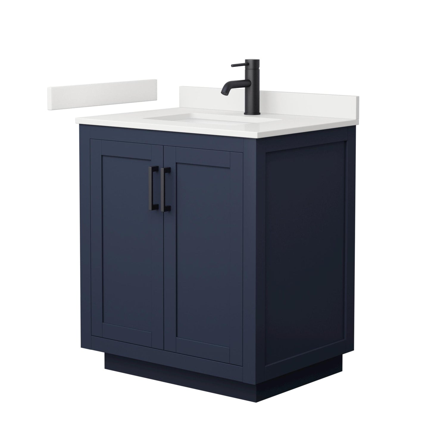 Wyndham Collection Miranda 30" Single Bathroom Vanity in Dark Blue, White Quartz Countertop, Undermount Square Sink (1-Hole), Matte Black Trim