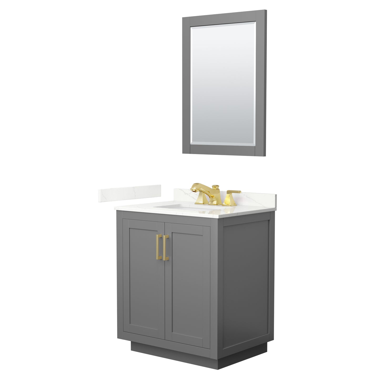 Wyndham Collection Miranda 30" Single Bathroom Vanity in Dark Gray, Giotto Quartz Countertop, Undermount Square Sink (3-Hole), Brushed Gold Trim, 24" Mirror