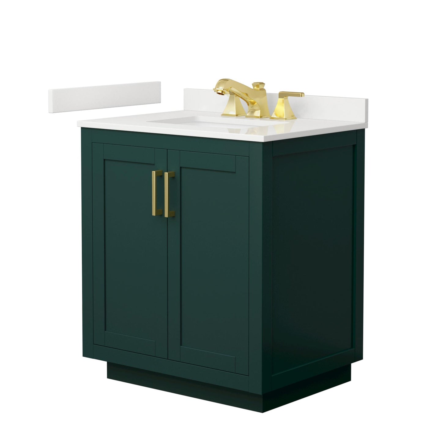 Wyndham Collection Miranda 30" Single Bathroom Vanity in Green, White Quartz Countertop, Undermount Square Sink (3-Hole), Brushed Gold Trim