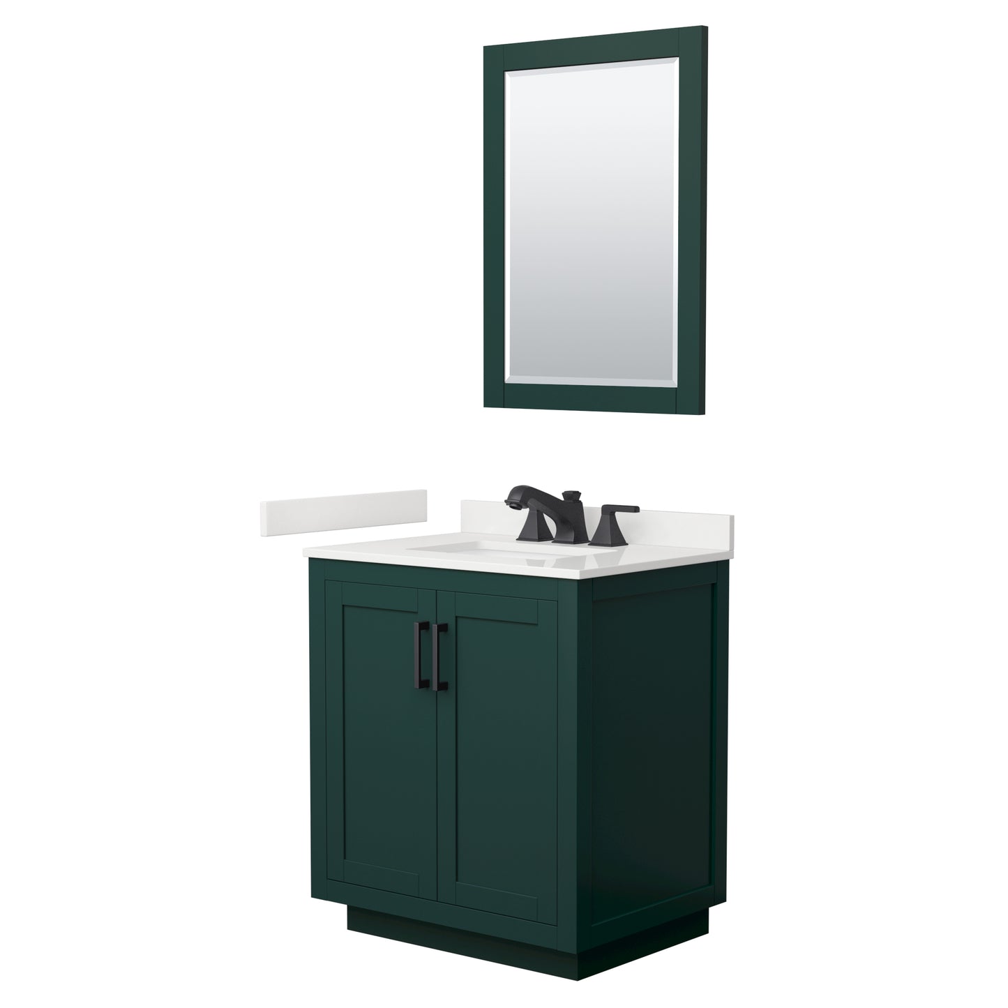 Wyndham Collection Miranda 30" Single Bathroom Vanity in Green, White Quartz Countertop, Undermount Square Sink (3-Hole), Matte Black Trim, 24" Mirror
