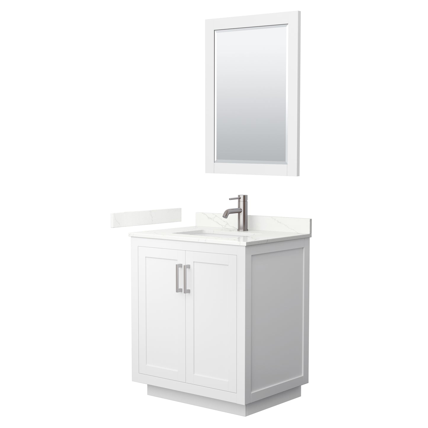 Wyndham Collection Miranda 30" Single Bathroom Vanity in White, Giotto Quartz Countertop, Undermount Square Sink (1-Hole), Brushed Nickel Trim, 24" Mirror
