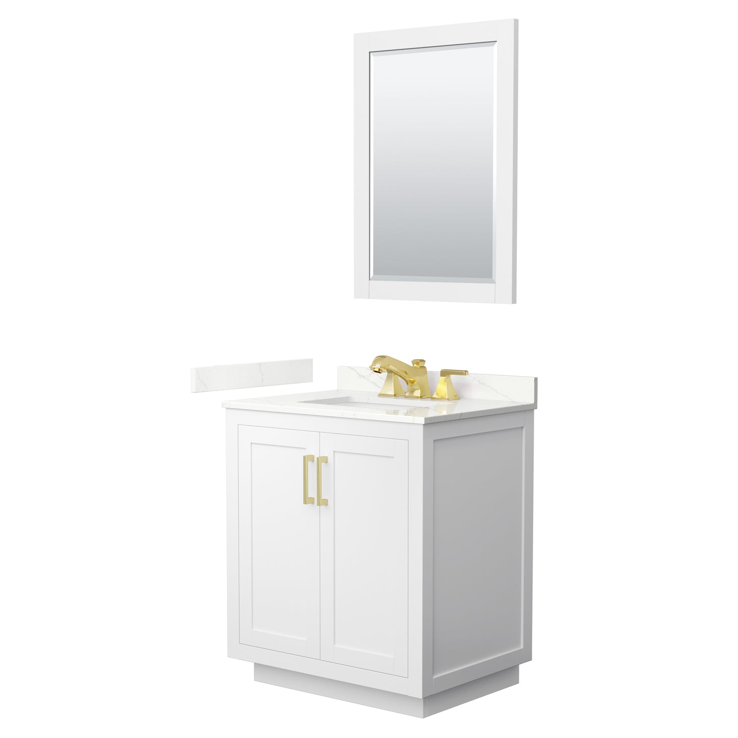 Wyndham Collection Miranda 30" Single Bathroom Vanity in White, Giotto Quartz Countertop, Undermount Square Sink (3-Hole), Brushed Gold Trim, 24" Mirror