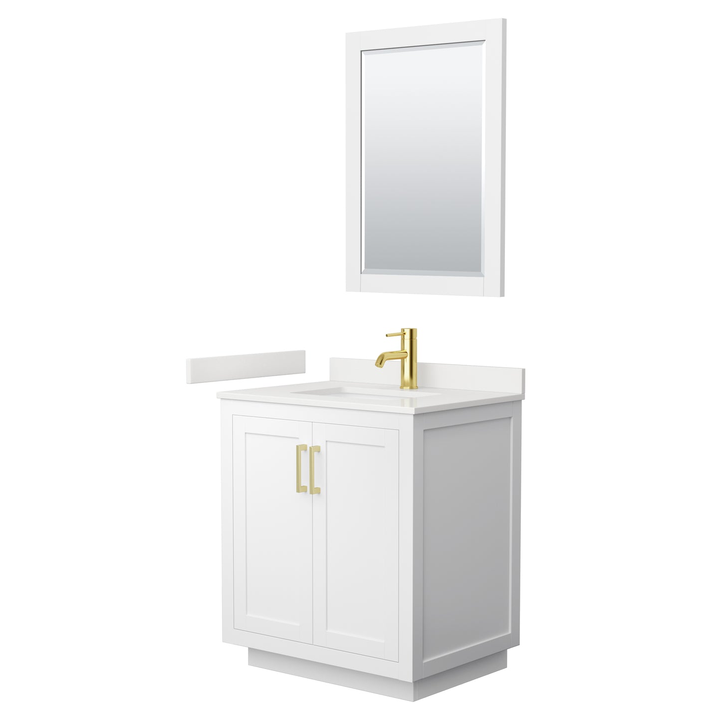 Wyndham Collection Miranda 30" Single Bathroom Vanity in White, White Quartz Countertop, Undermount Square Sink (1-Hole), Brushed Gold Trim, 24" Mirror