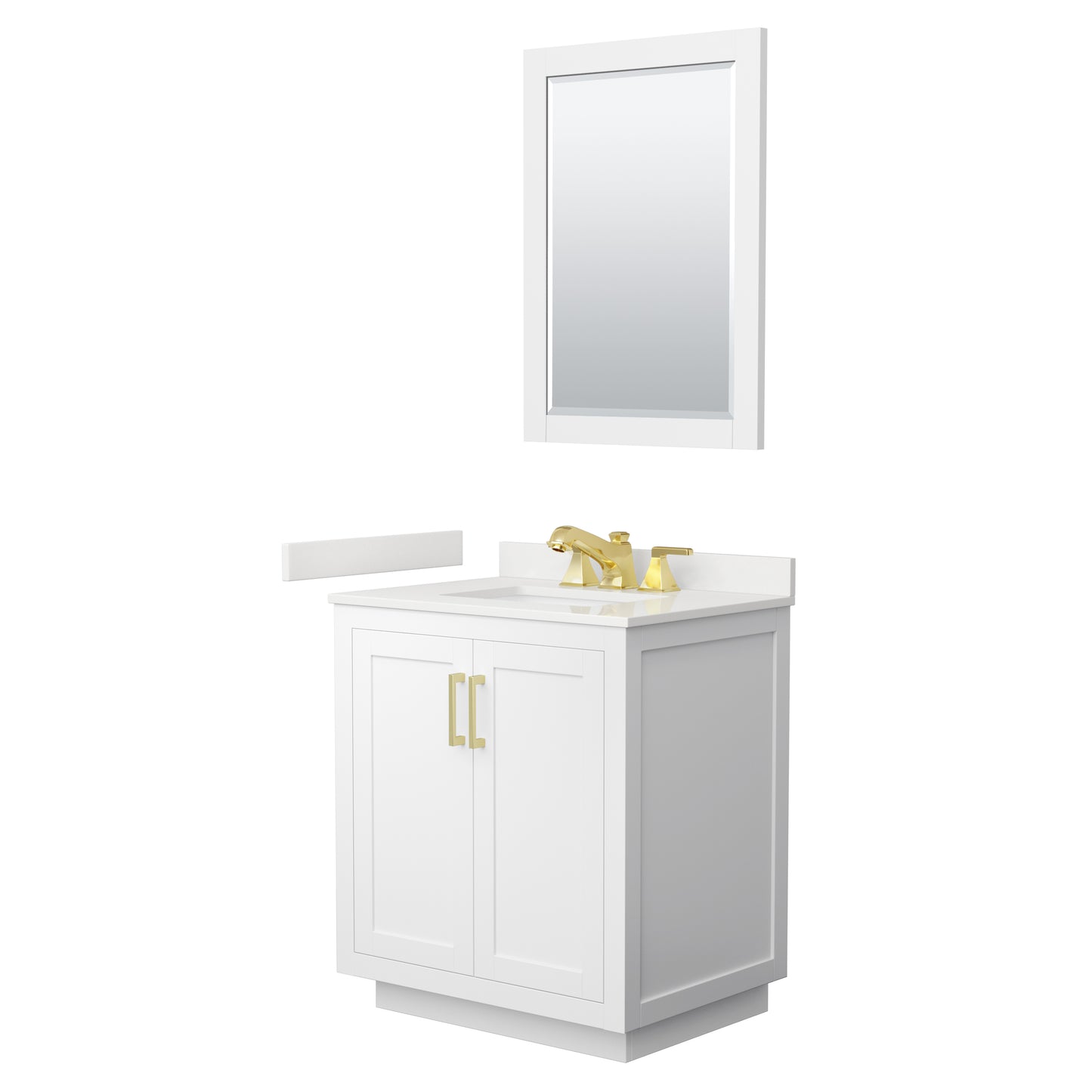 Wyndham Collection Miranda 30" Single Bathroom Vanity in White, White Quartz Countertop, Undermount Square Sink (3-Hole), Brushed Gold Trim, 24" Mirror