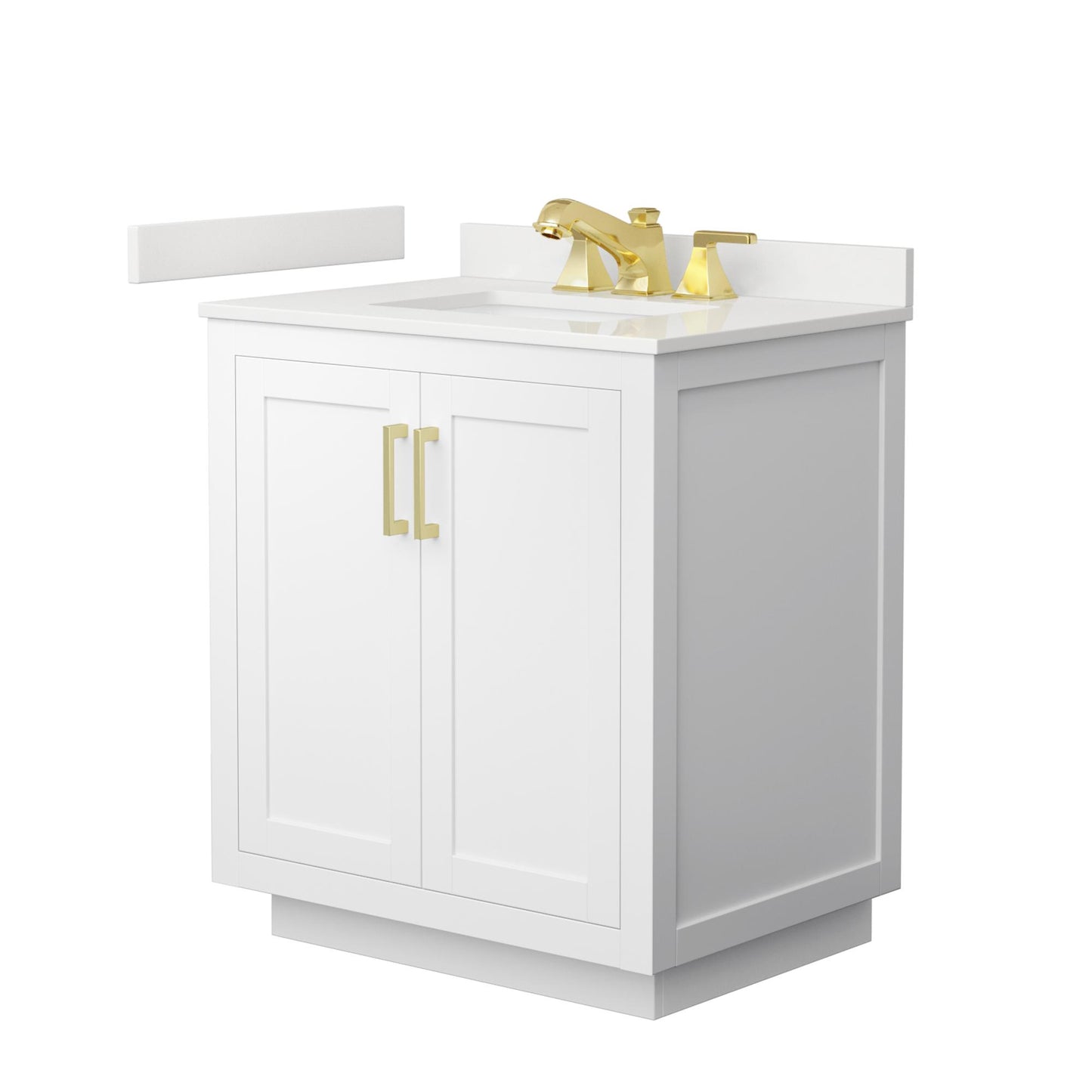Wyndham Collection Miranda 30" Single Bathroom Vanity in White, White Quartz Countertop, Undermount Square Sink (3-Hole), Brushed Gold Trim
