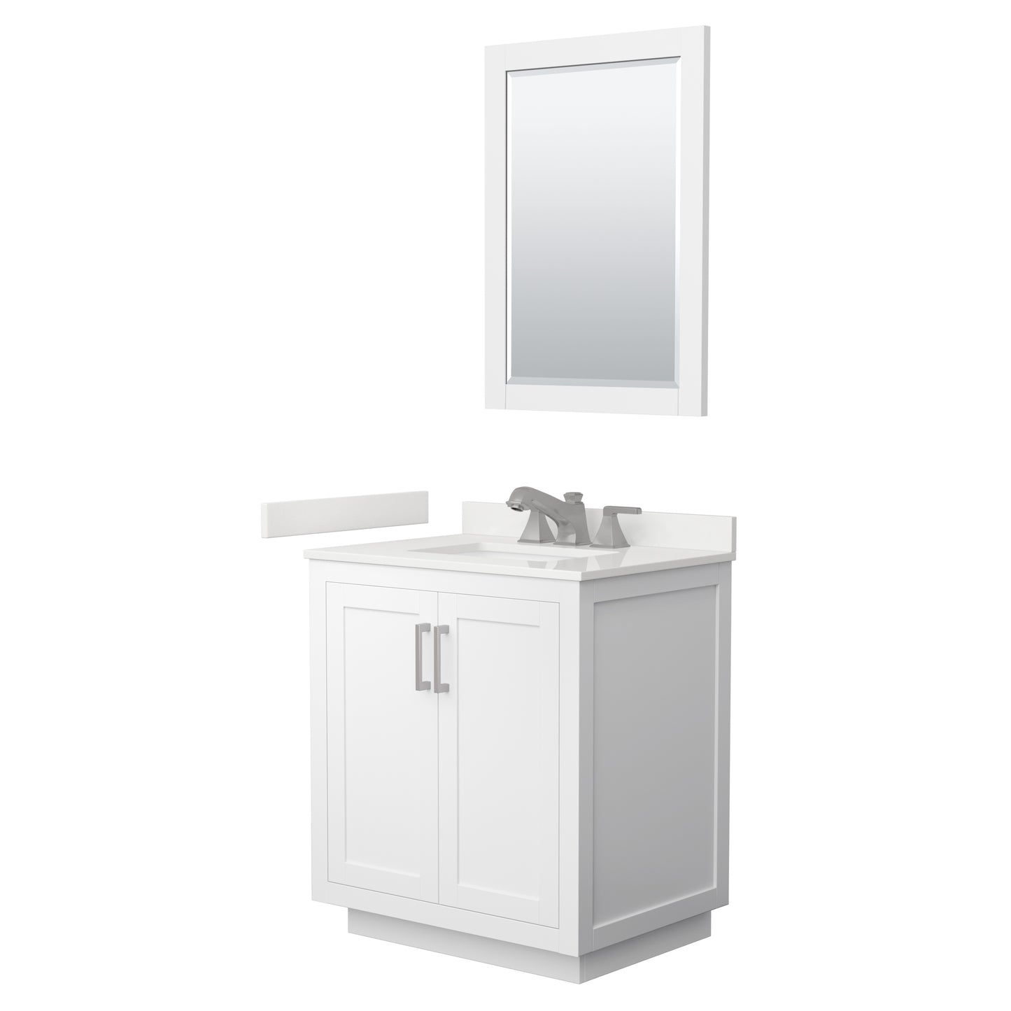 Wyndham Collection Miranda 30" Single Bathroom Vanity in White, White Quartz Countertop, Undermount Square Sink (3-Hole), Brushed Nickel Trim, 24" Mirror