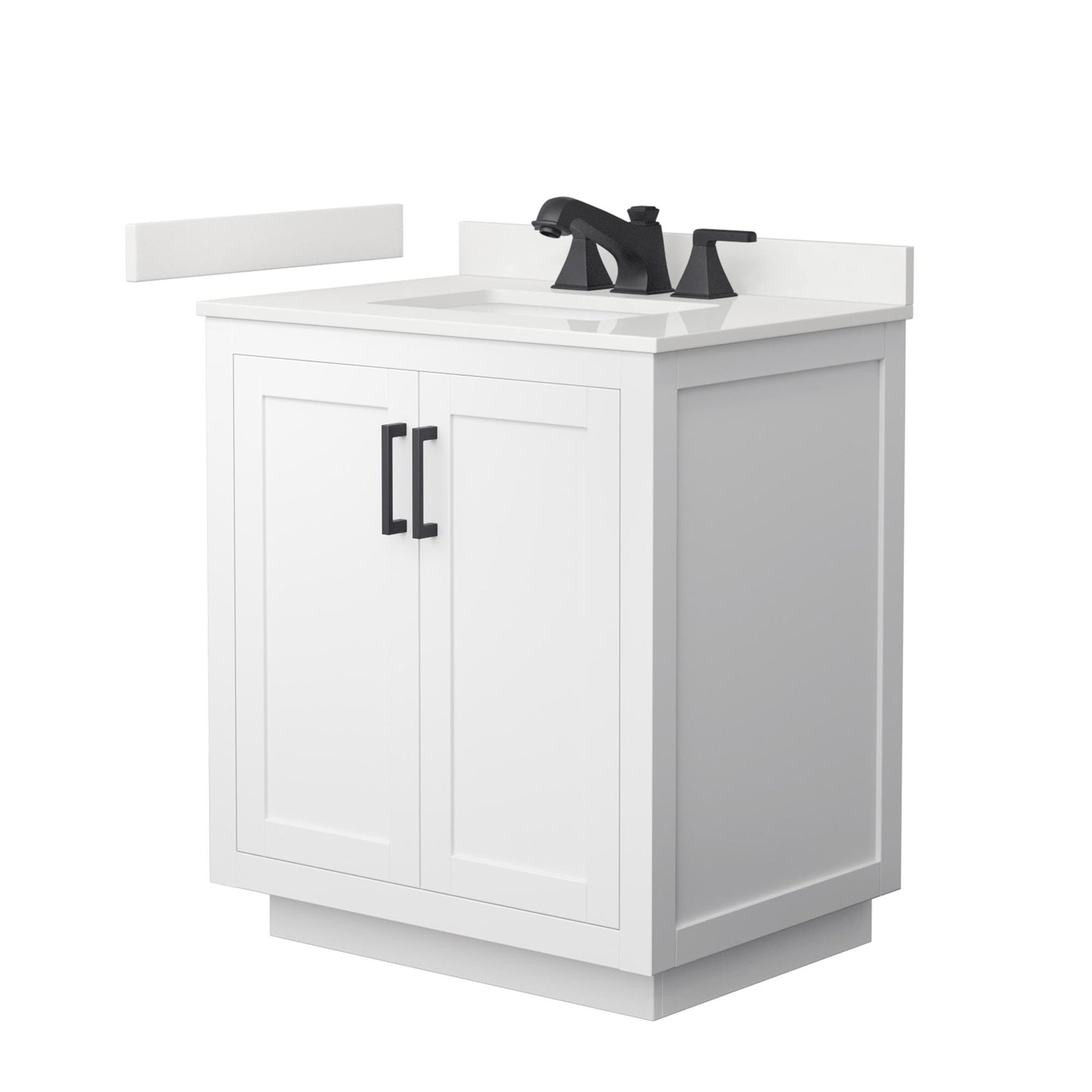 Wyndham Collection Miranda 30" Single Bathroom Vanity in White, White Quartz Countertop, Undermount Square Sink (3-Hole), Matte Black Trim