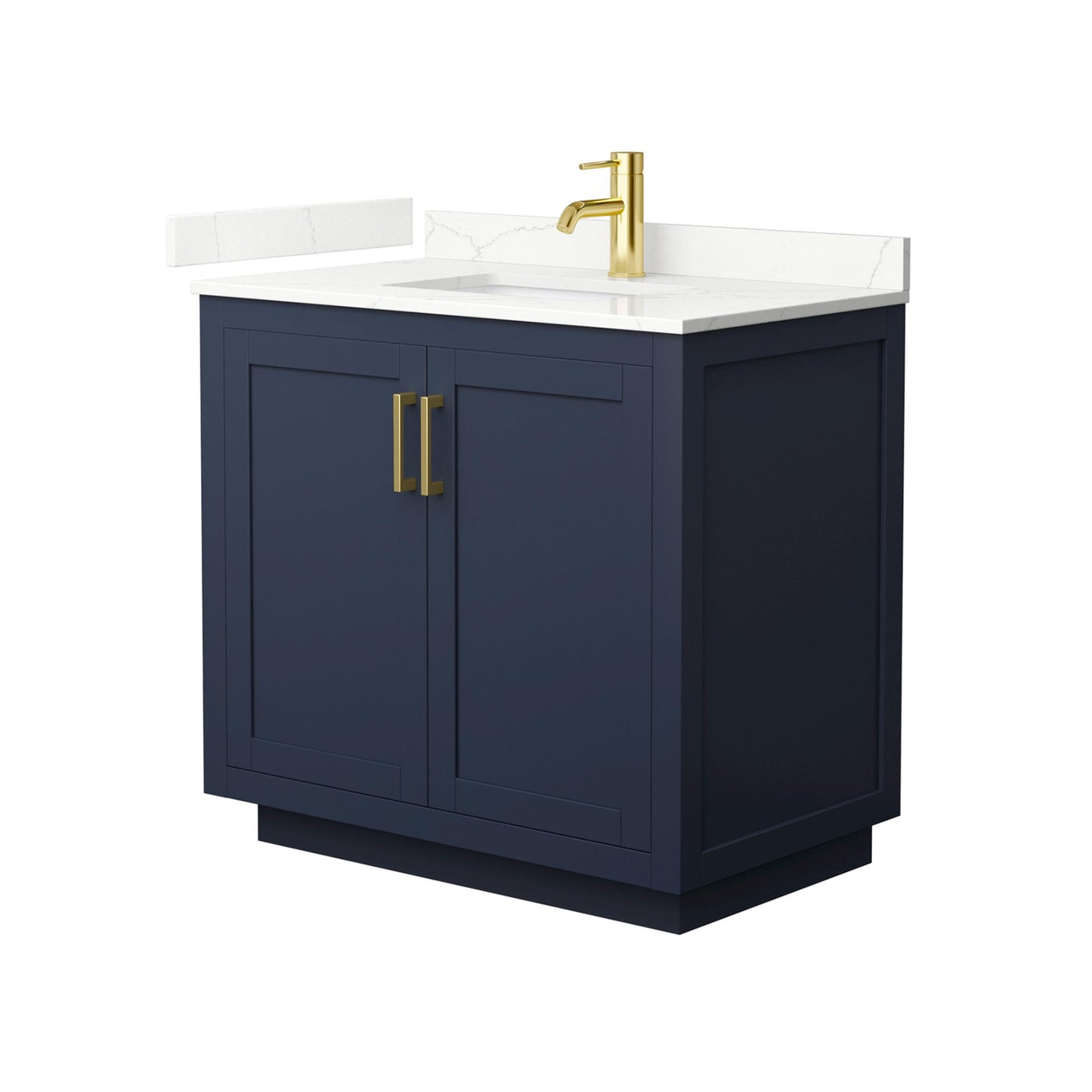 Wyndham Collection Miranda 36" Single Bathroom Vanity in Dark Blue, Giotto Quartz Countertop, Undermount Square Sink (1-Hole), Brushed Gold Trim